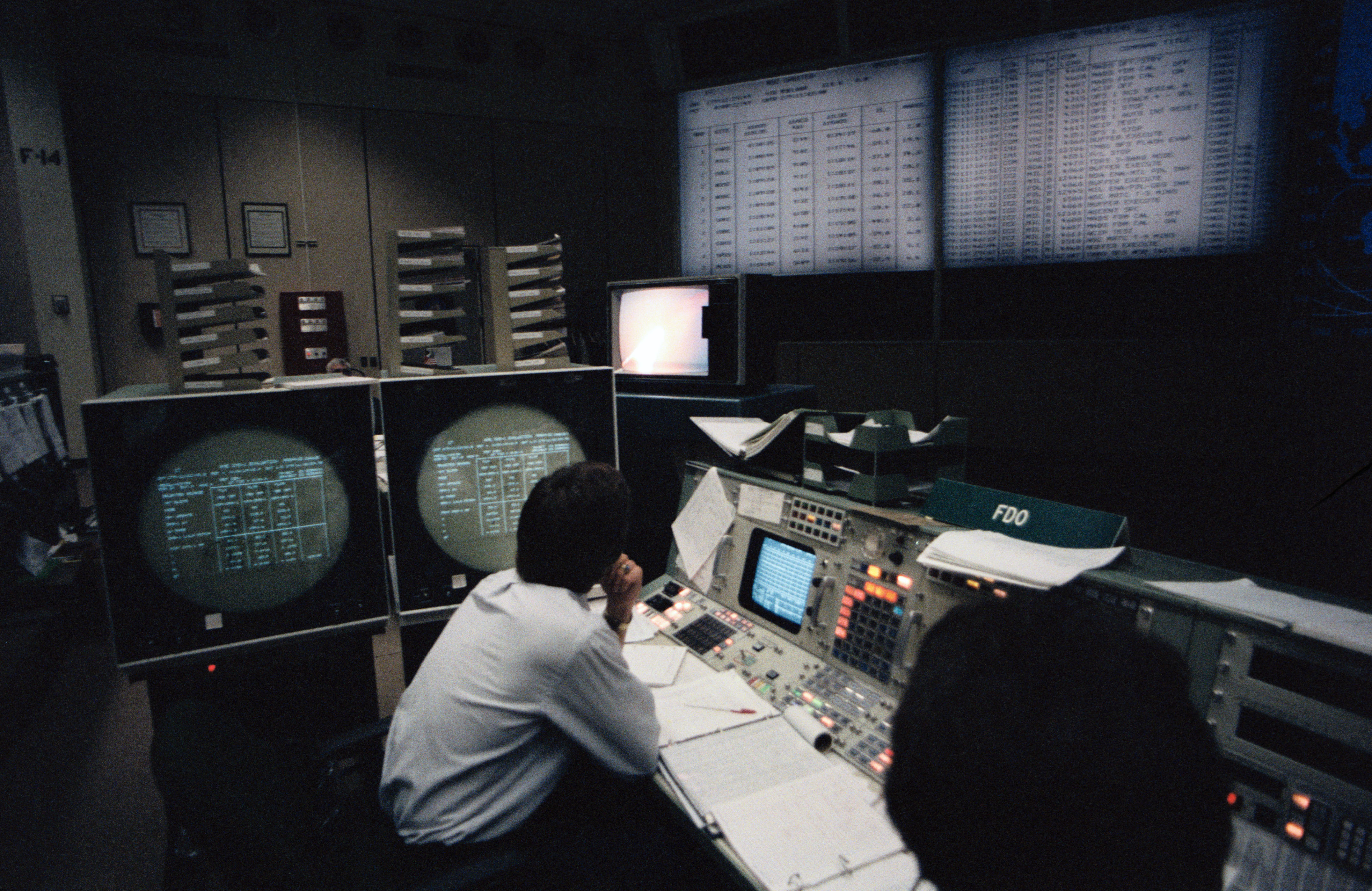 View of the Flight Dynamics Officer (FDO) console in Mission Control