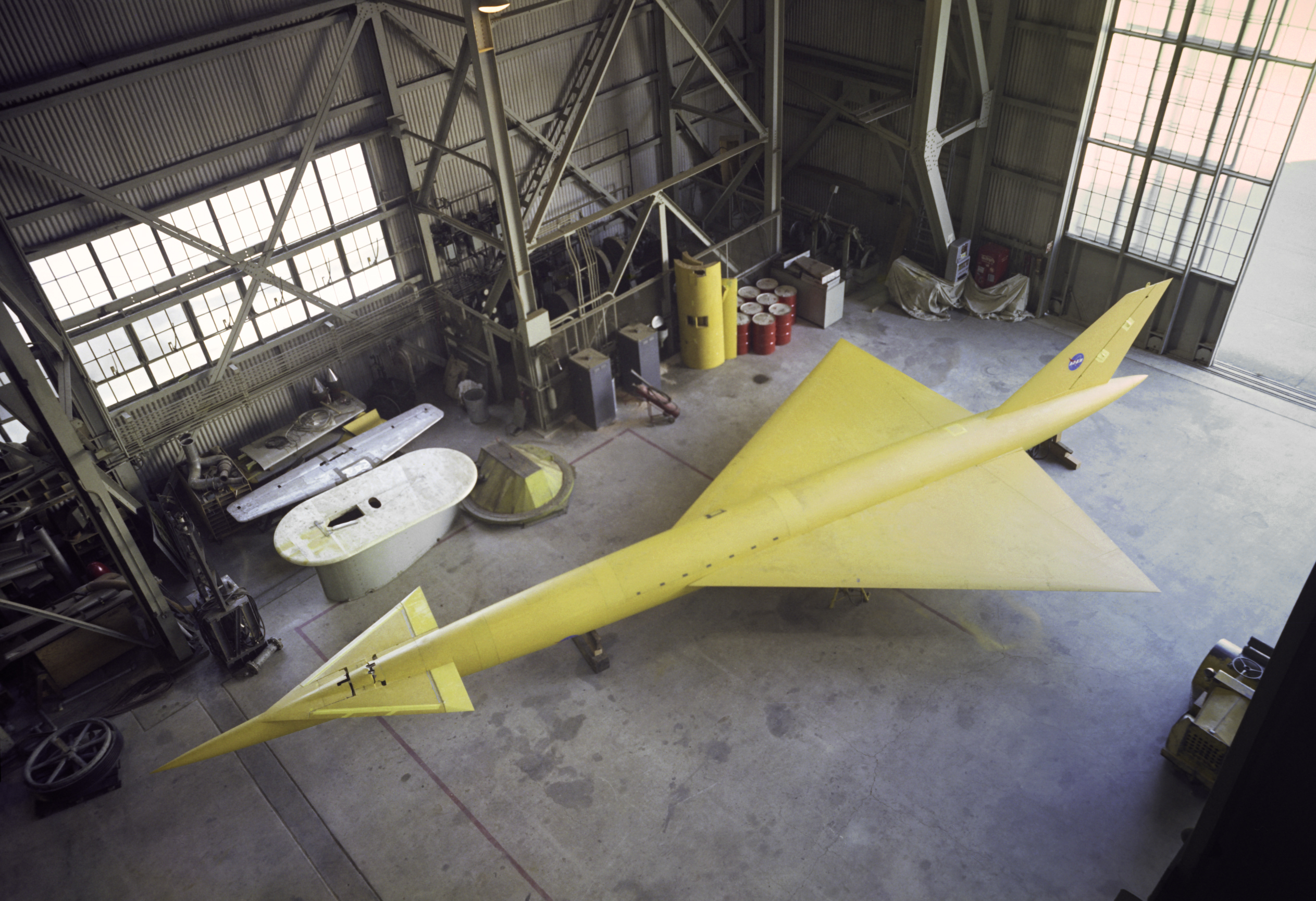Supersonic Transport Model in the shop of the Ames 40x80 Foot Wind Tunnel.