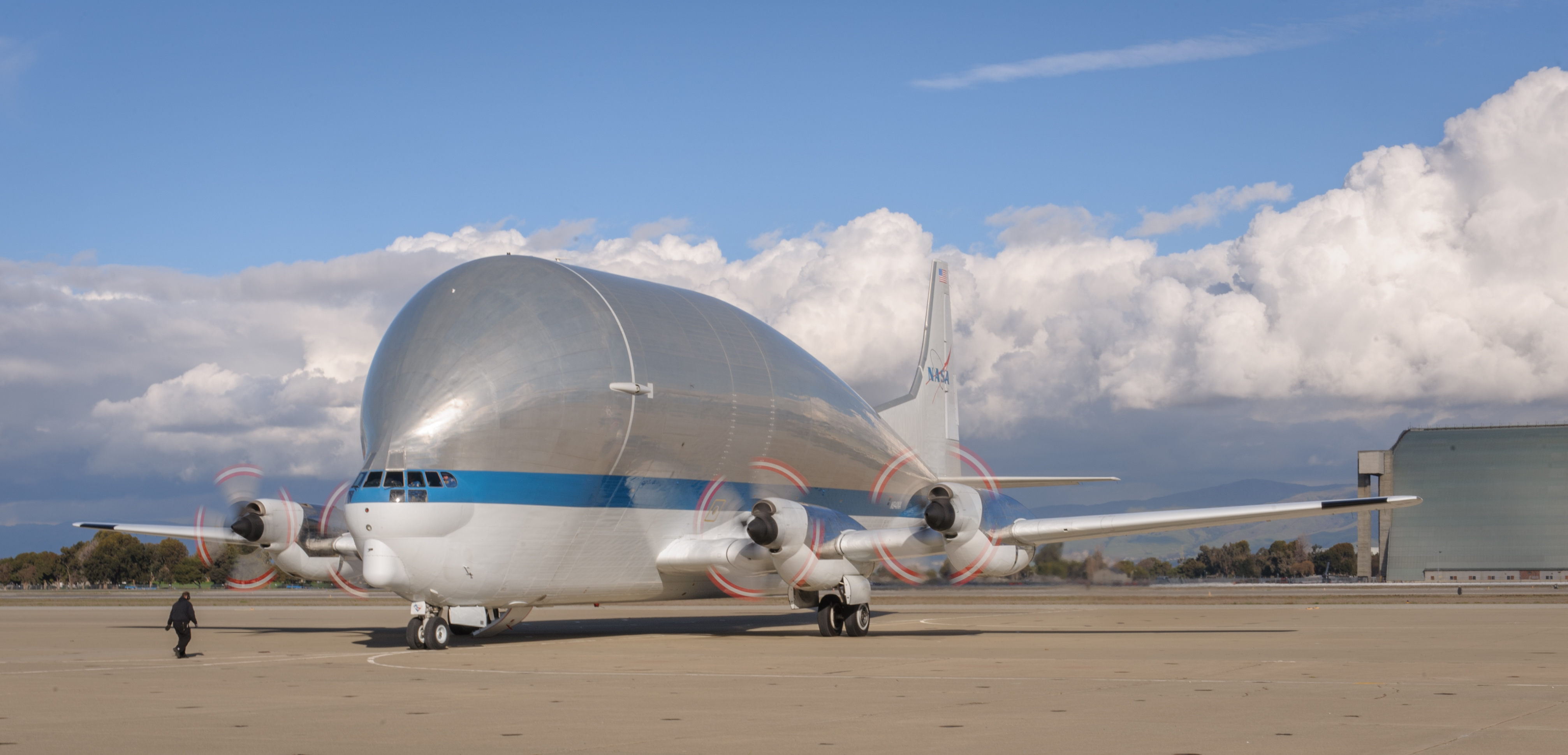 NASAs B377SGT Super Guppy Turbine Cargo Airplane lands at Moffett Field at NASA Ames.