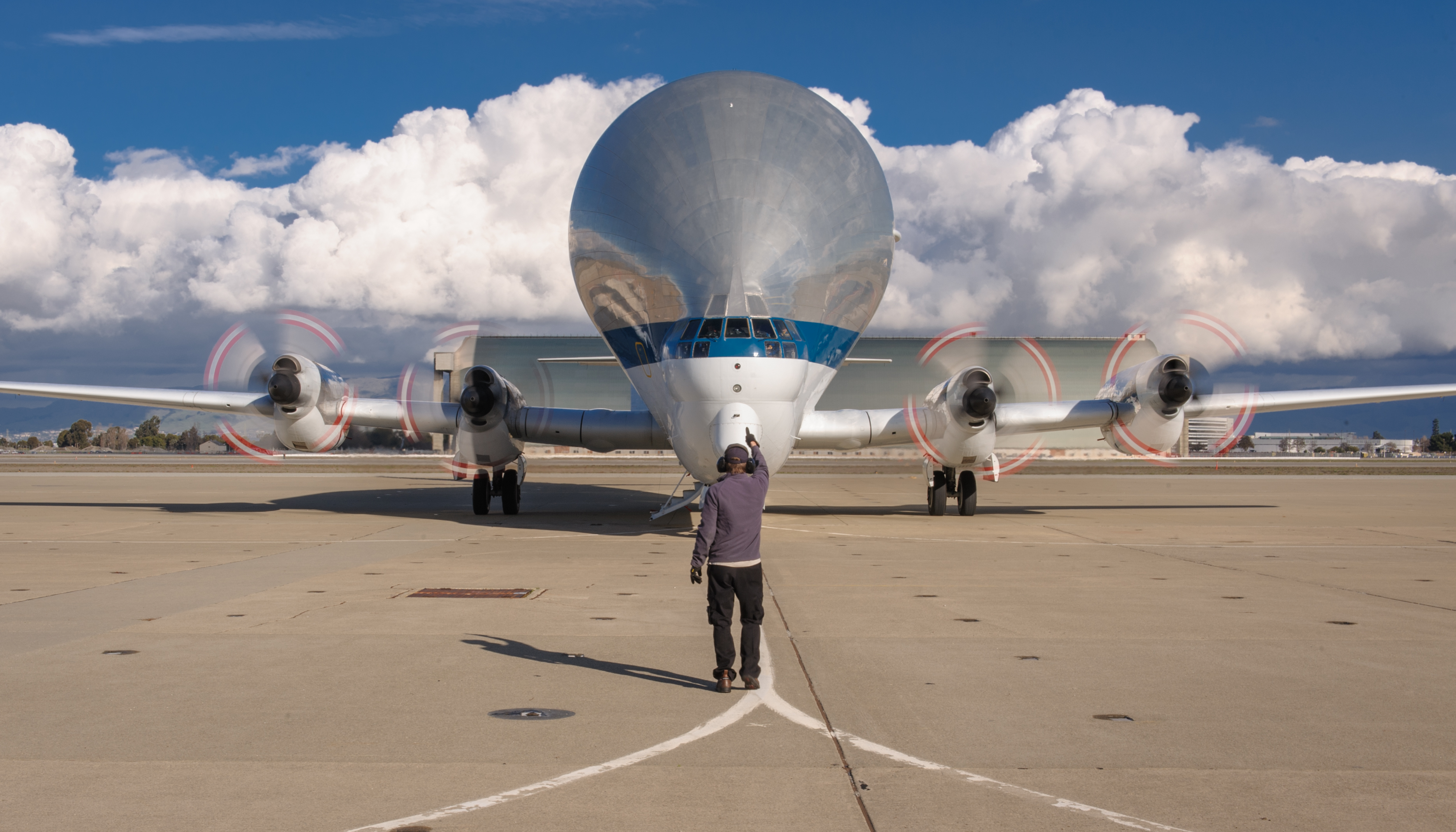 NASAs B377SGT Super Guppy Turbine Cargo Airplane lands at Moffett Field at NASA Ames.
