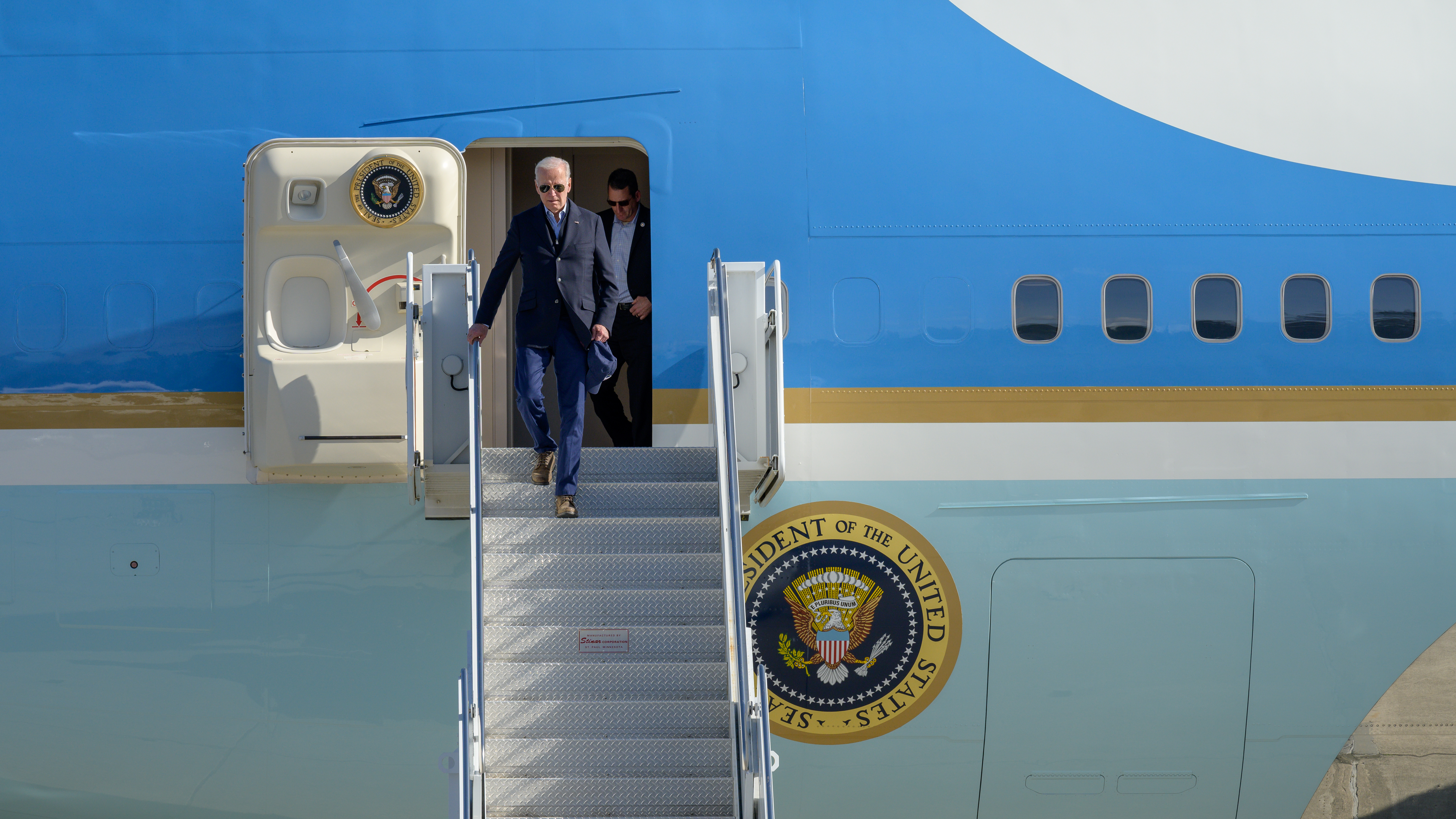 U.S. President Joe Biden Arrives Aboard Air Force One at Moffett Federal Airfield