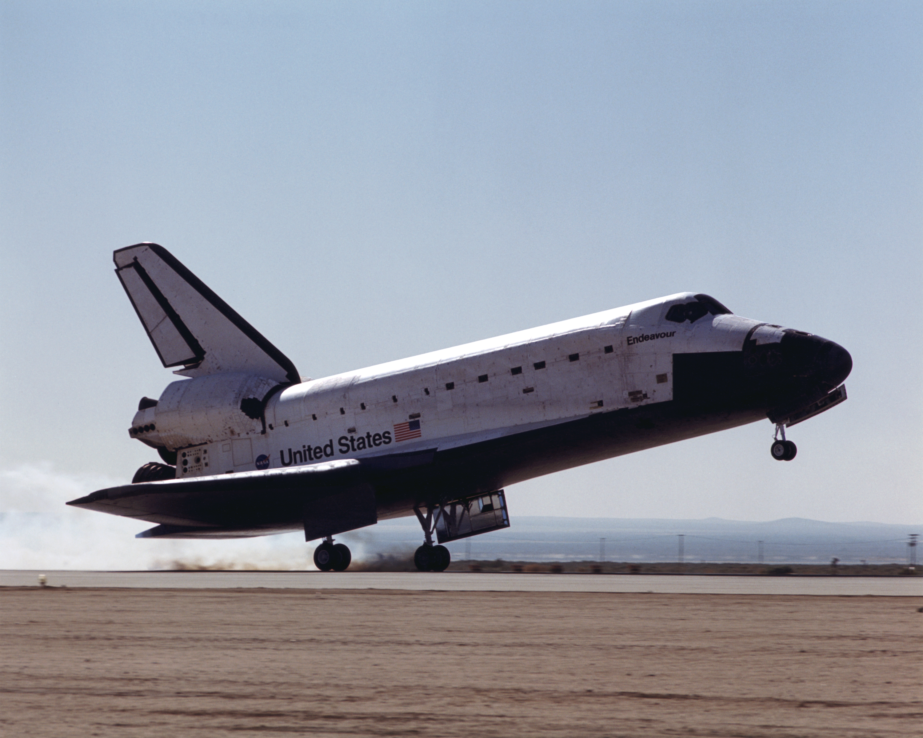 Space Shuttle Endeavour touches down on the runway at Edwards Air Force Base, California