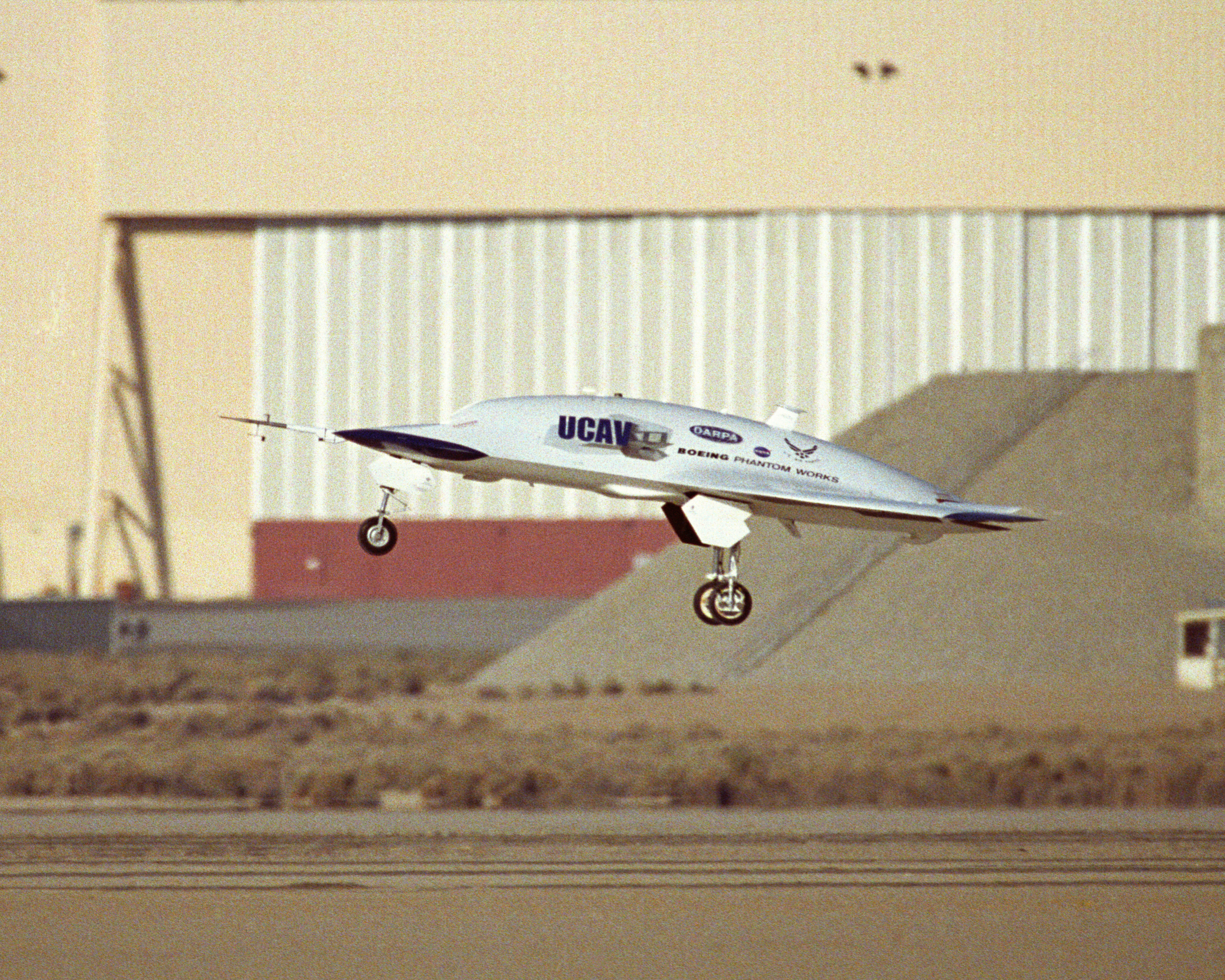 X-45A Unmanned Combat Air Vehicle, or UCAV, technology demonstration aircraft in flight during its first flight at Edwards Air Force Base, California