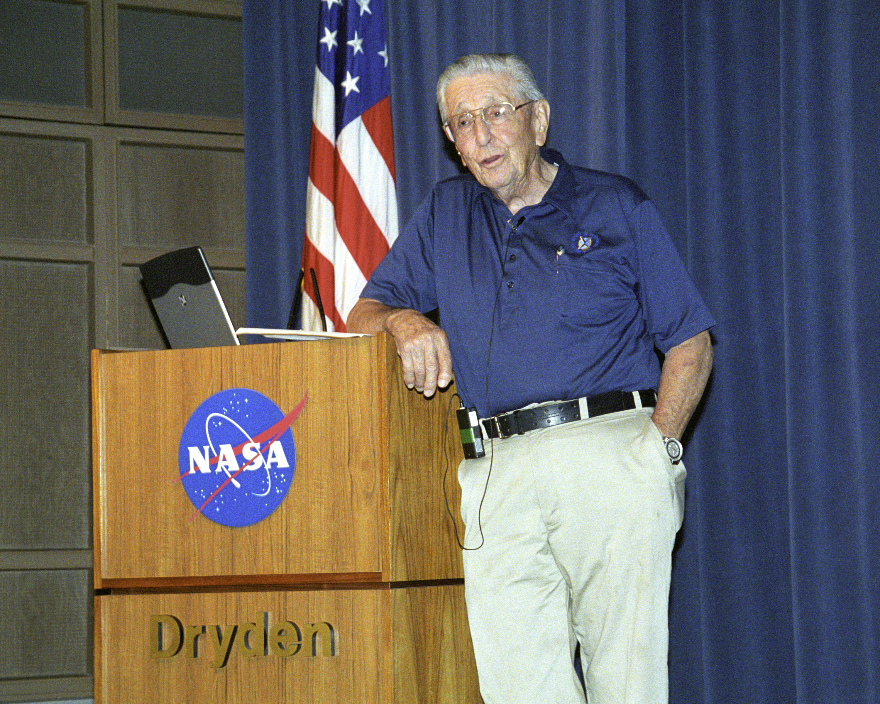 Scott Crossfield speaking at the Centennial of Flight Colloquium held at the NASA Dryden Flight Research Center in October, 2003.