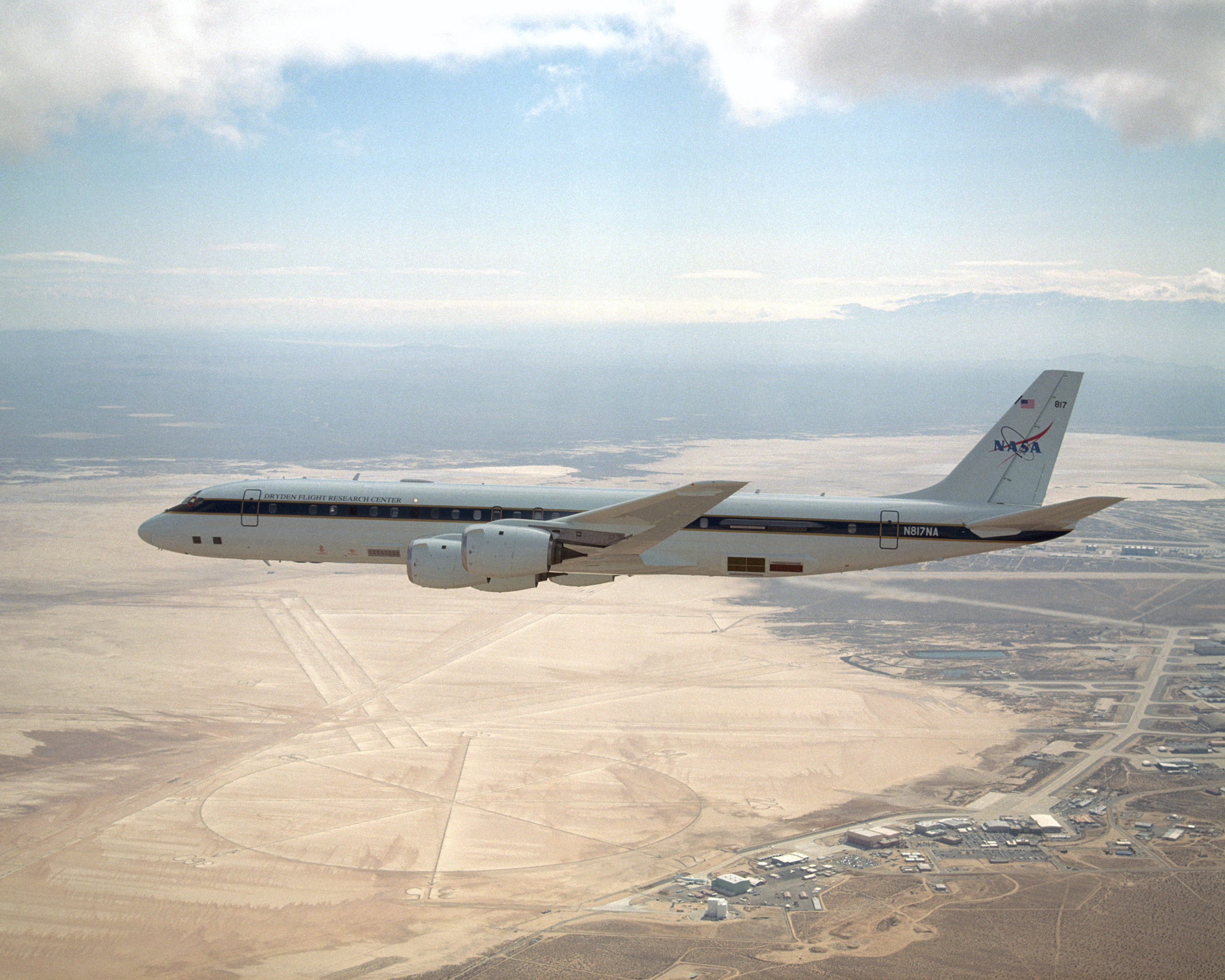 NASA's Airborne Science DC-8 displays new colors in a check flight over the Dryden Flight Research Center