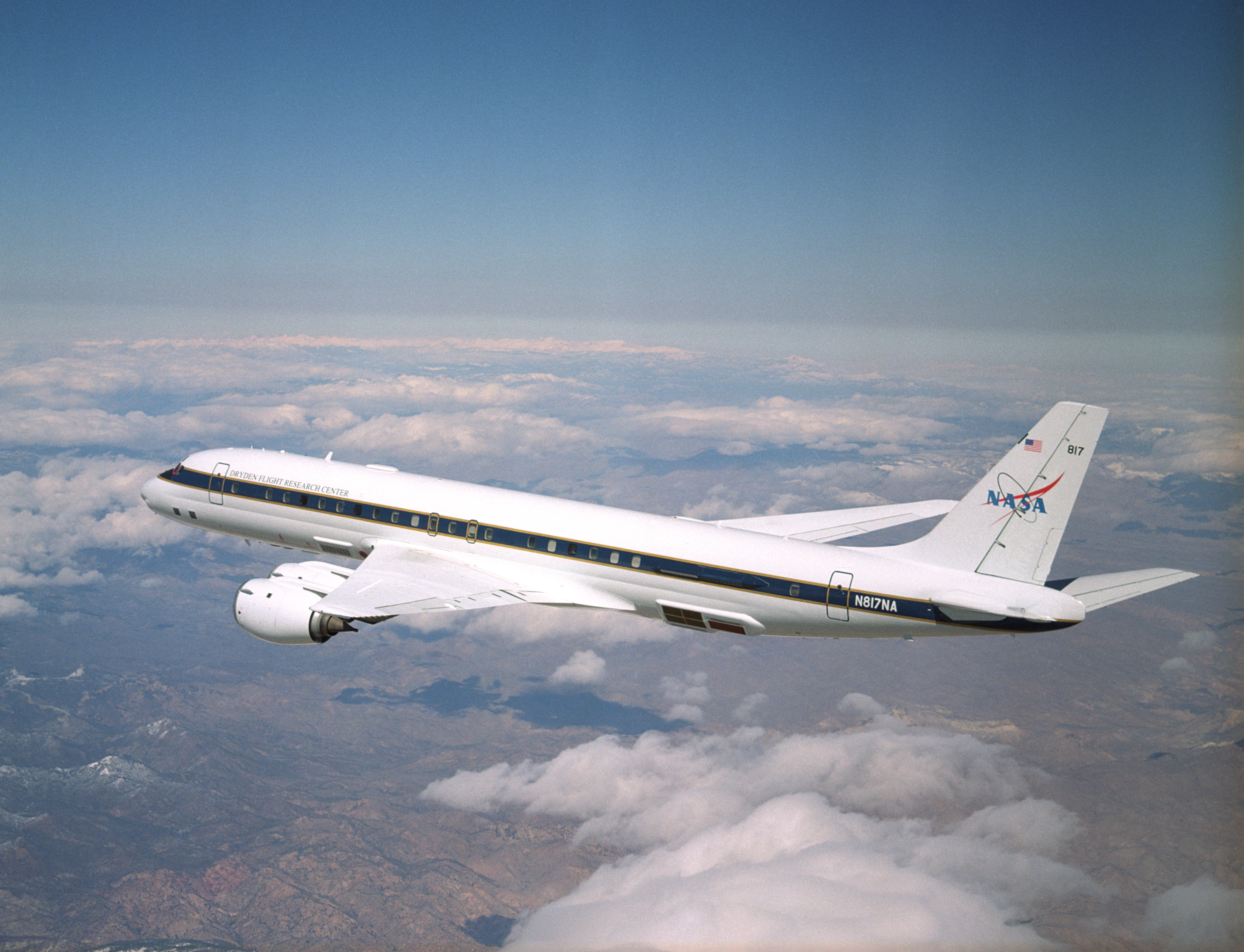 NASA's DC-8 Airborne Science research aircraft, in new colors and markings, in flight Feb. 24, 2004