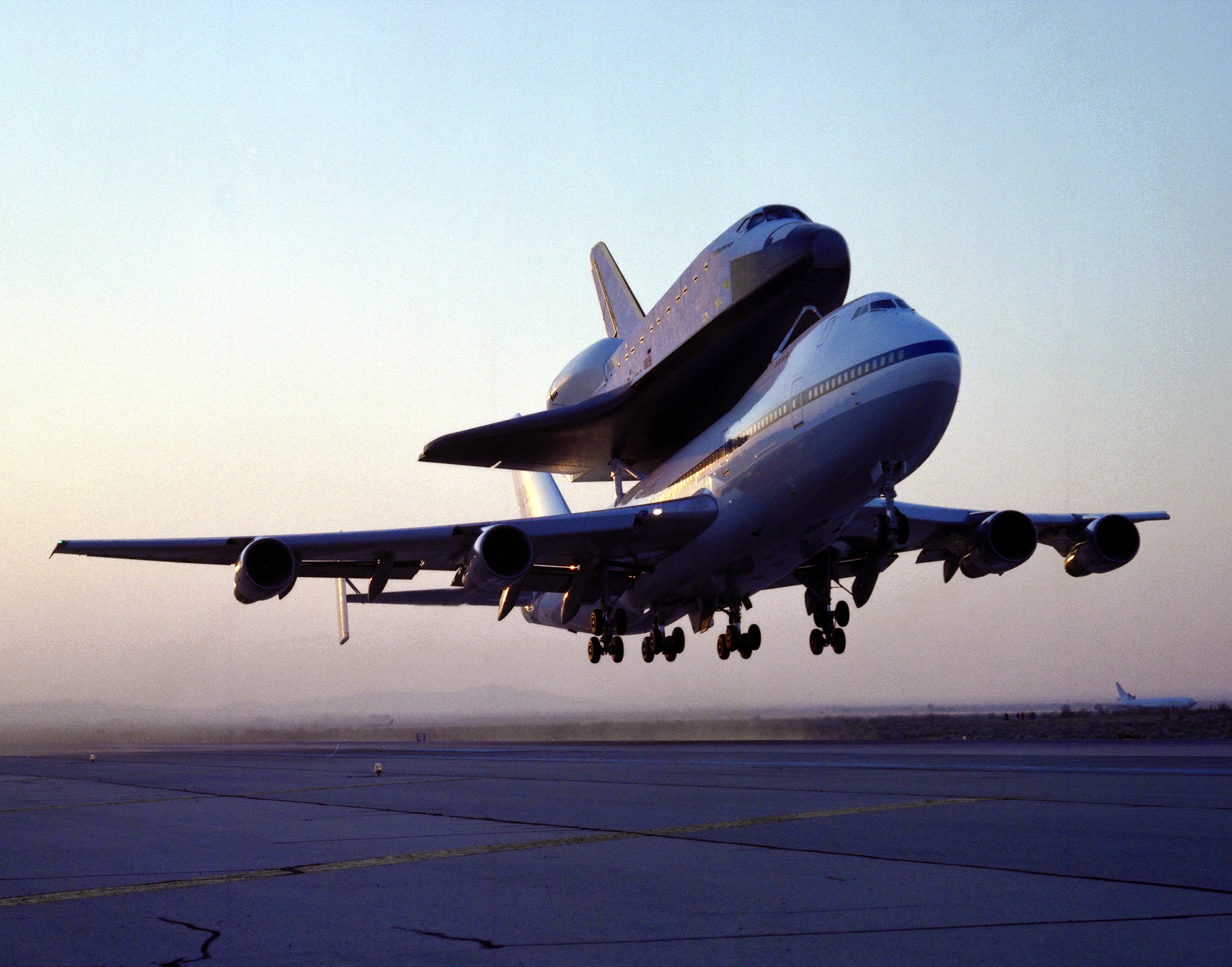 Shuttle Endeavour Mated to 747 SCA Takeoff for Delivery to Kennedy Space Center, Florida
