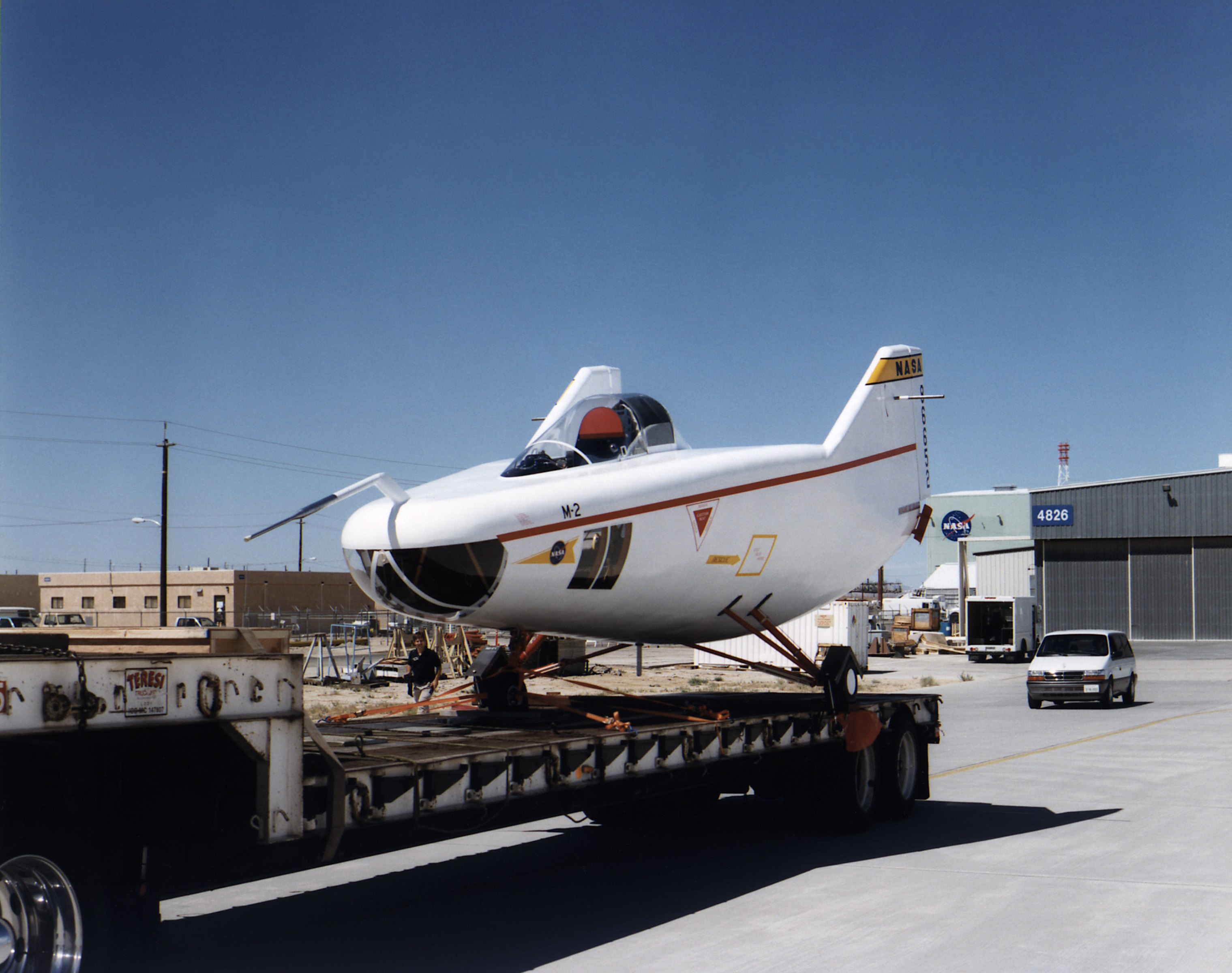 M2-F1 lifting body aircraft on a flatbed truck