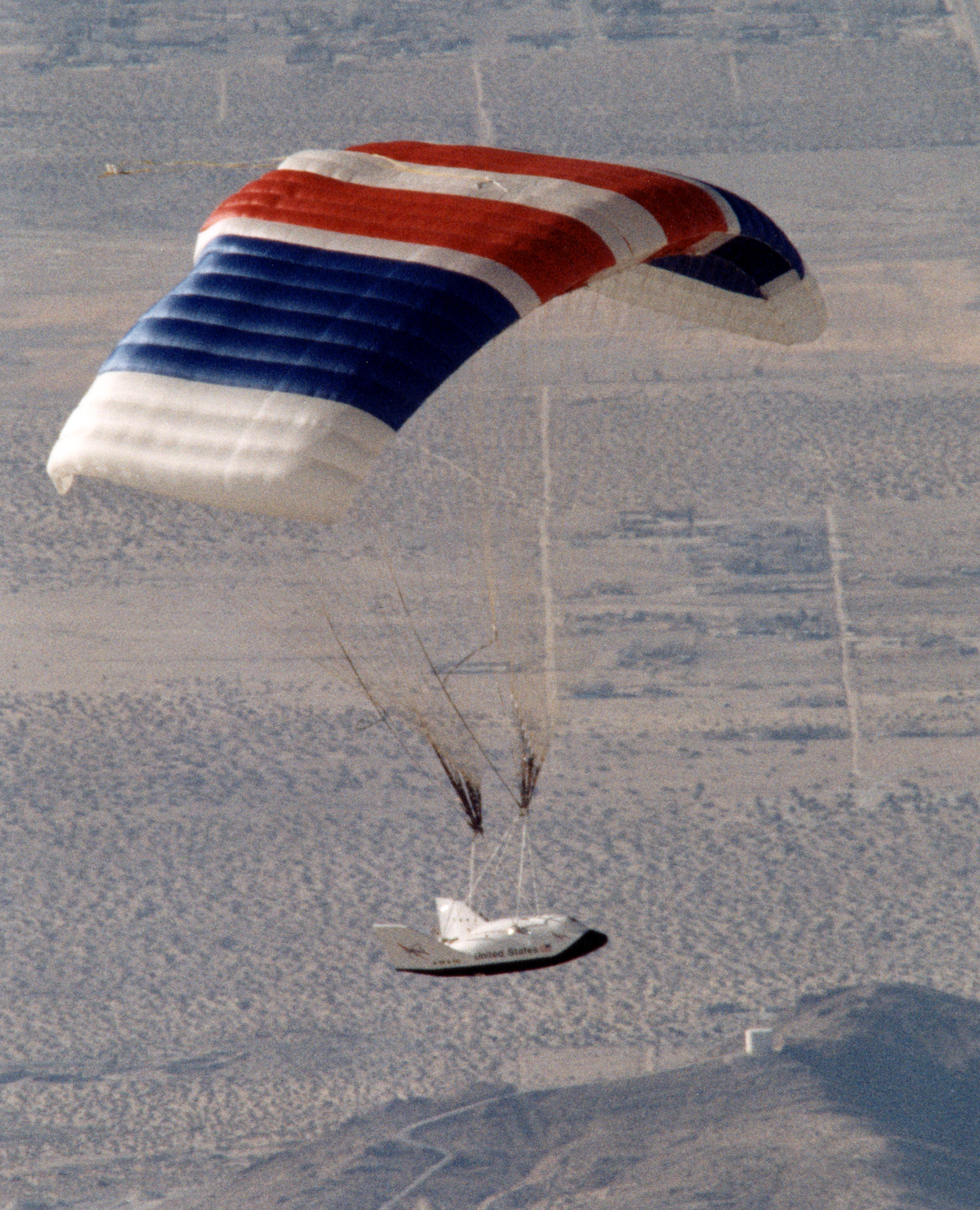 X-38 Vehicle #132 in Flight with Deployed Parafoil during First Free Flight