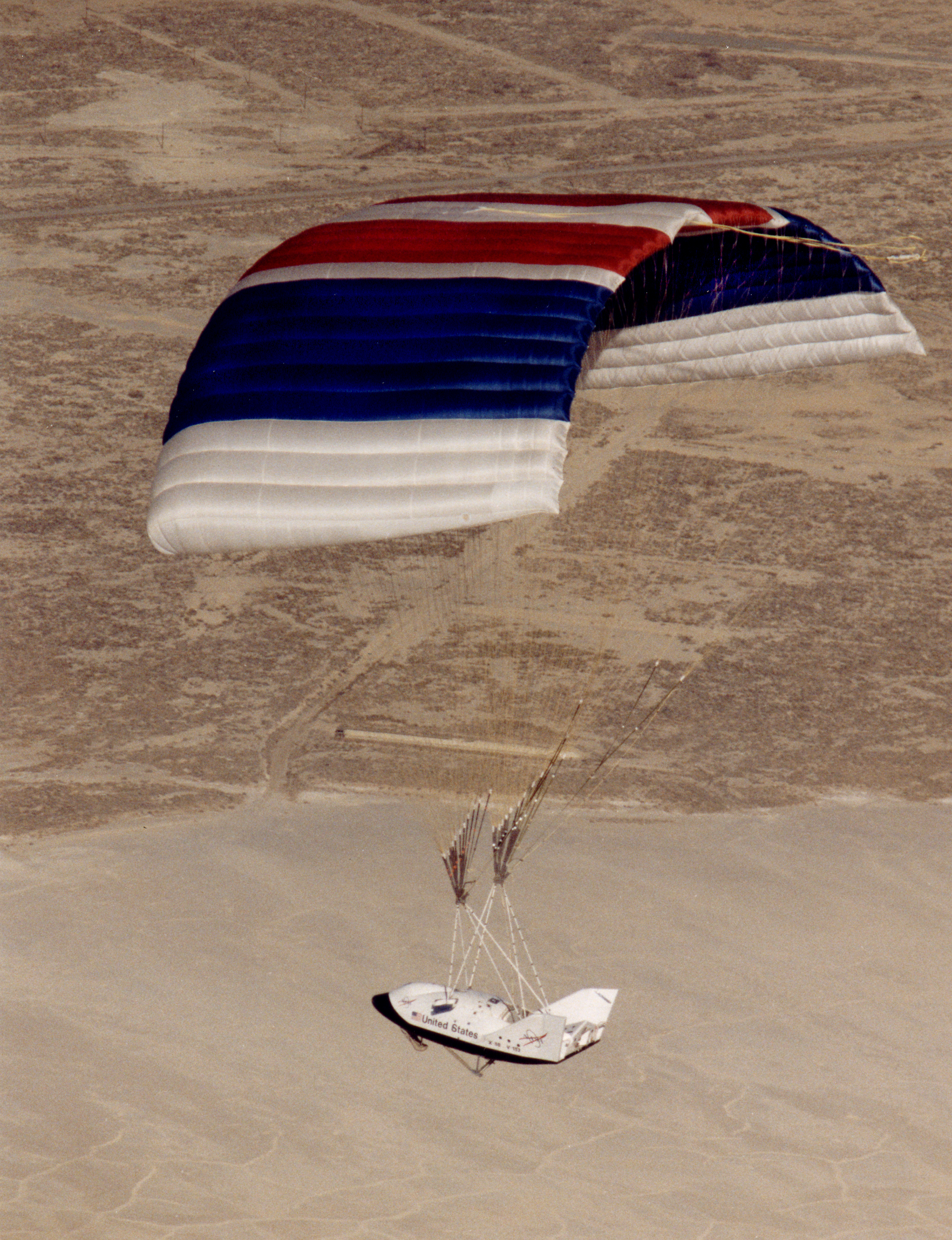 X-38 Vehicle #132 in Flight with Deployed Parafoil during First Free Flight