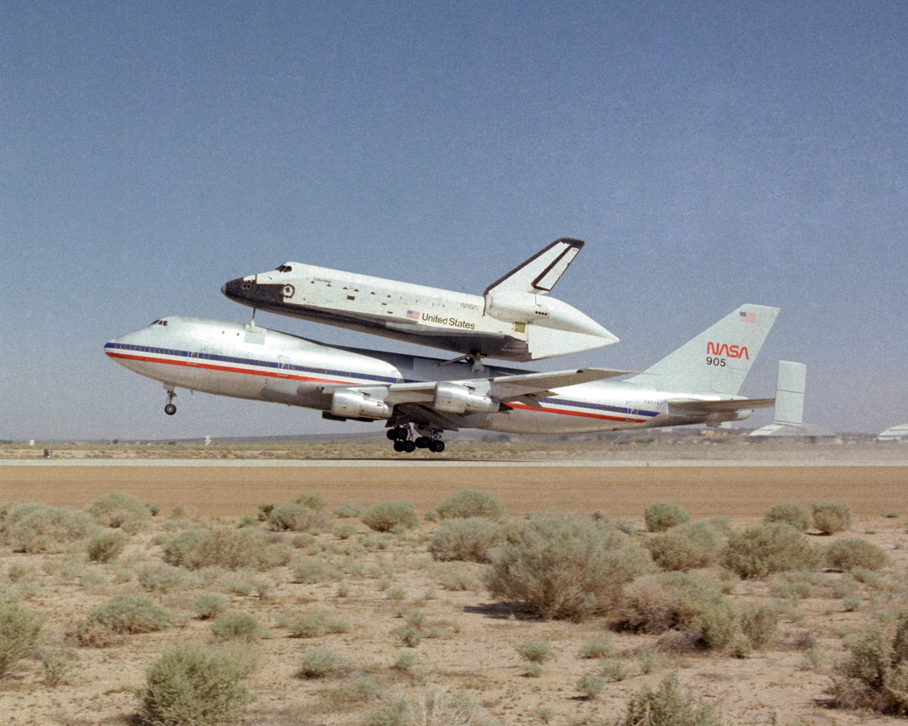 NASA's 747 with Columbia atop takes off to ferry the Shuttle back to KSC in Florida, after completing its first orbital mission with a landing at Edwards AFB