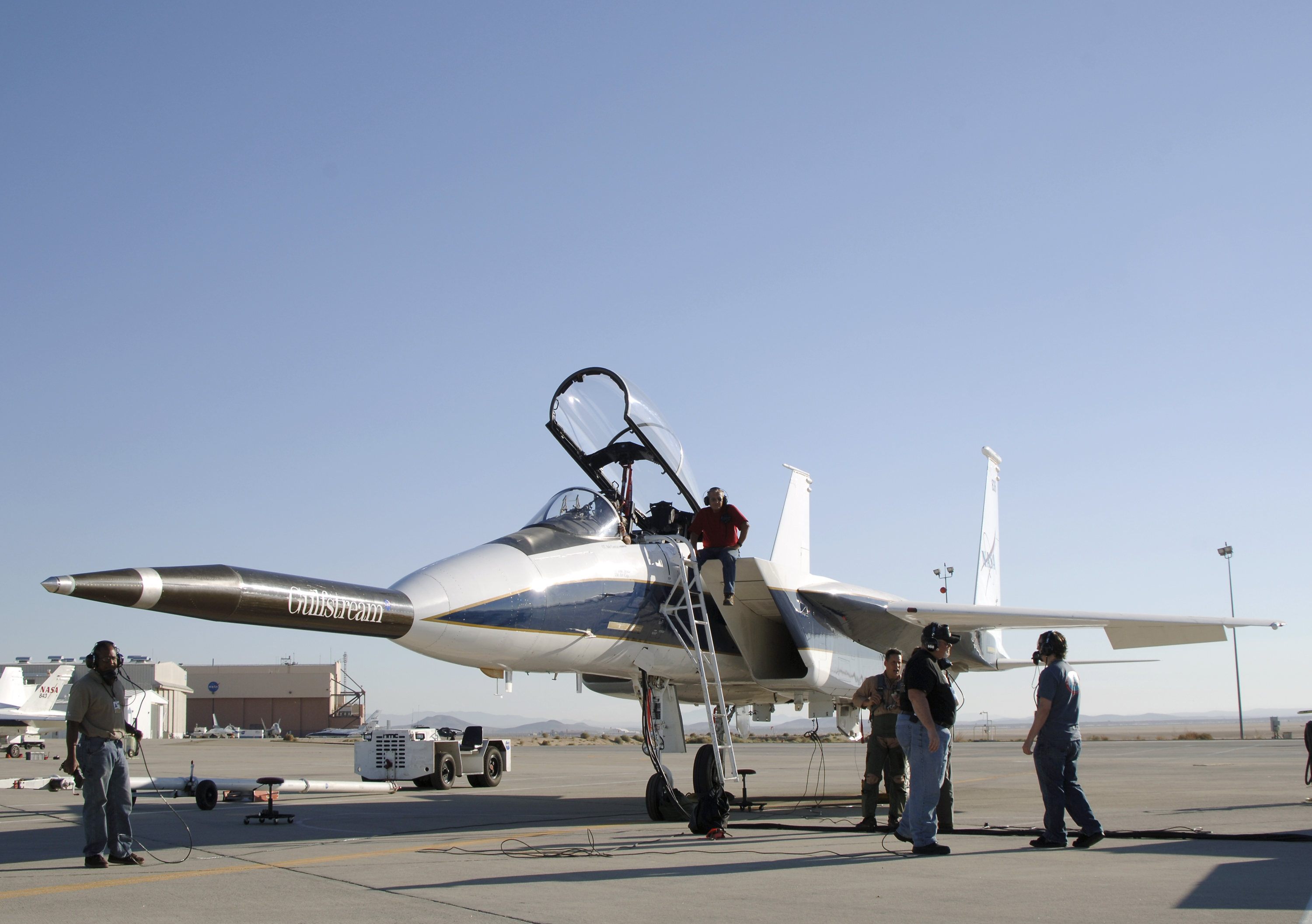 NASA's F-15B testbed aircraft undergoes pre-flight checks before performing the first flight of the Quiet Spike project