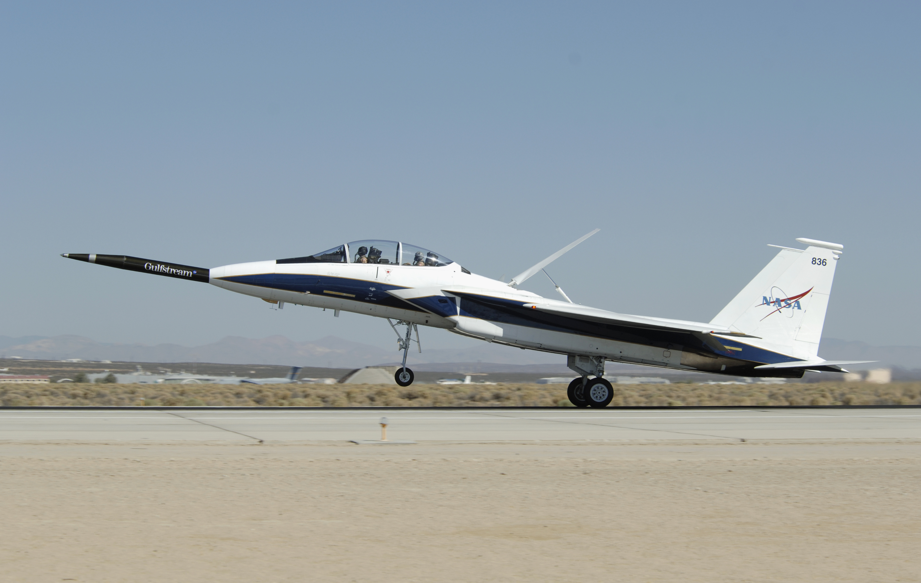 NASA's F-15B testbed aircraft lands after the first flight of the Quiet Spike project