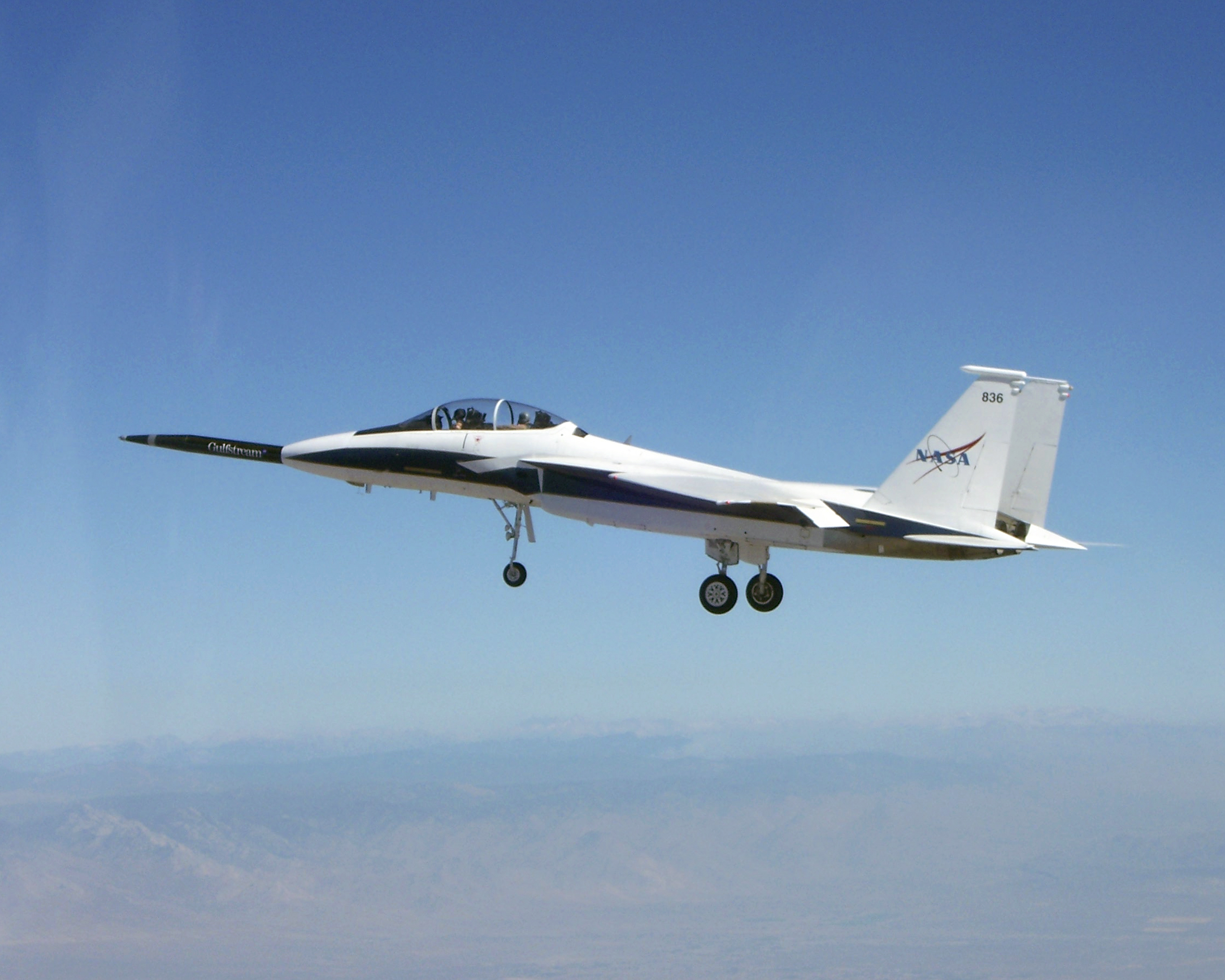 NASA's F-15B testbed aircraft in flight during the first evaluation flight of the joint NASA/Gulfstream Quiet Spike project