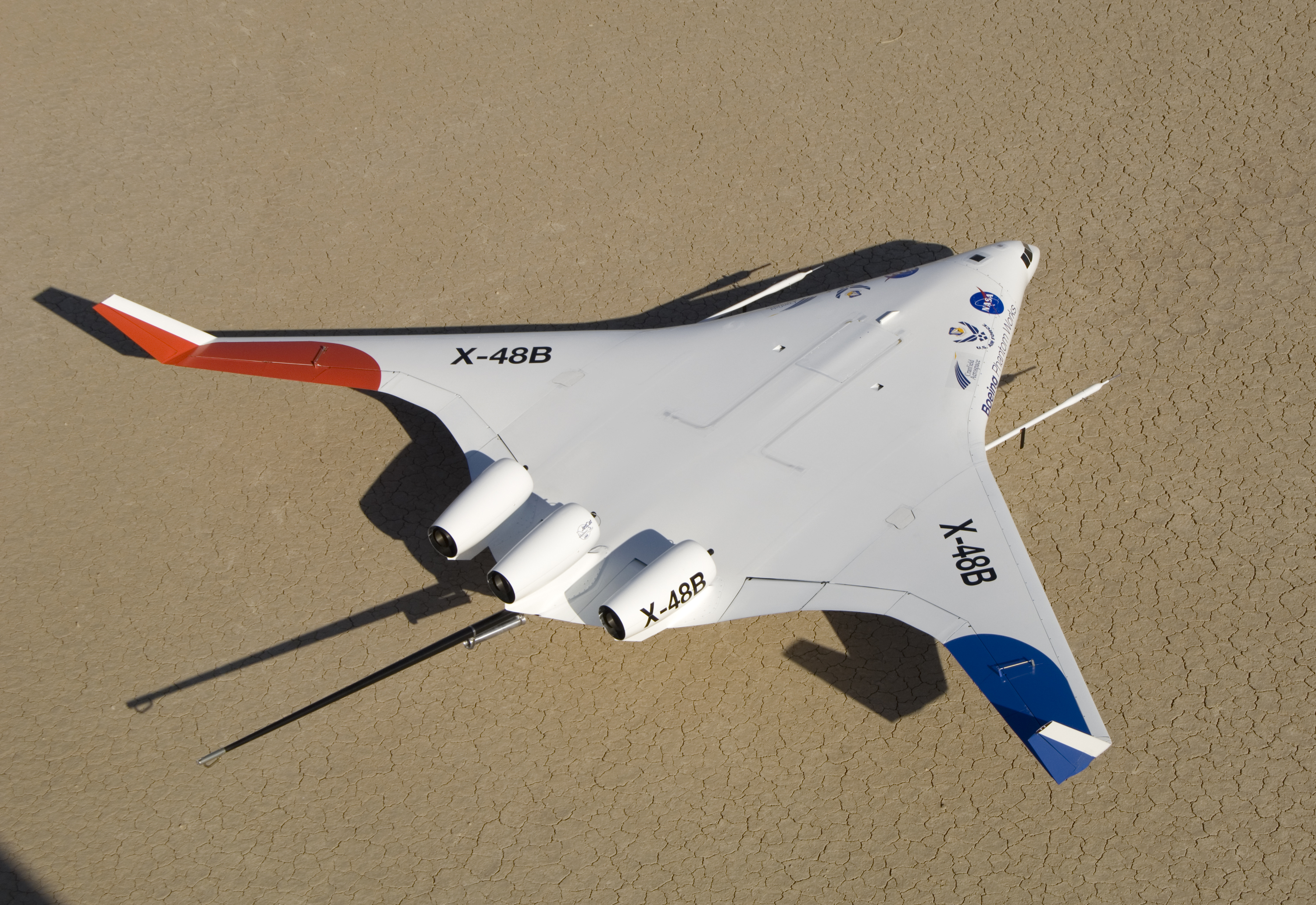 This rear-quarter view shows off the unique lines of Boeing's X-48B Blended Wing Body technology demonstrator on Rogers Dry Lake adjacent to NASA Dryden