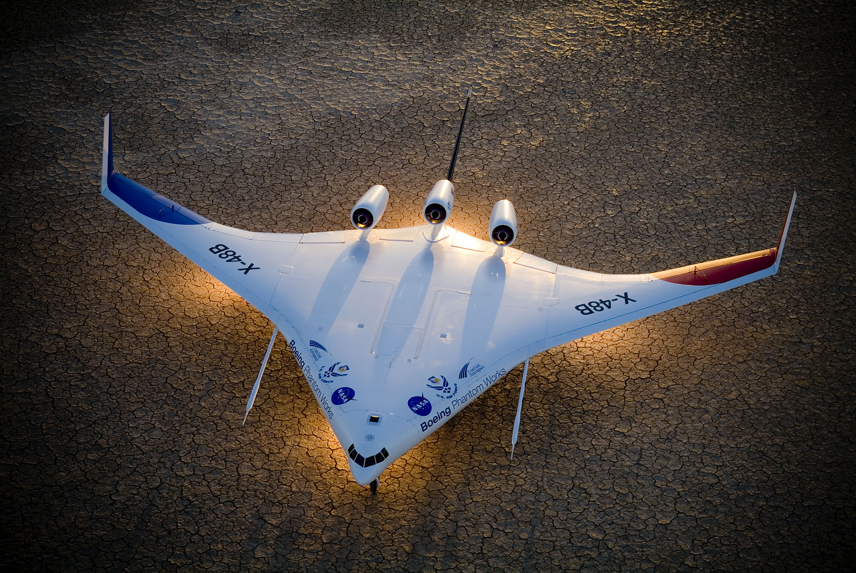Boeing's X-48B Blended Wing Body technology demonstrator shows off its unique lines at sunset on Rogers Dry Lake adjacent to NASA DFRC
