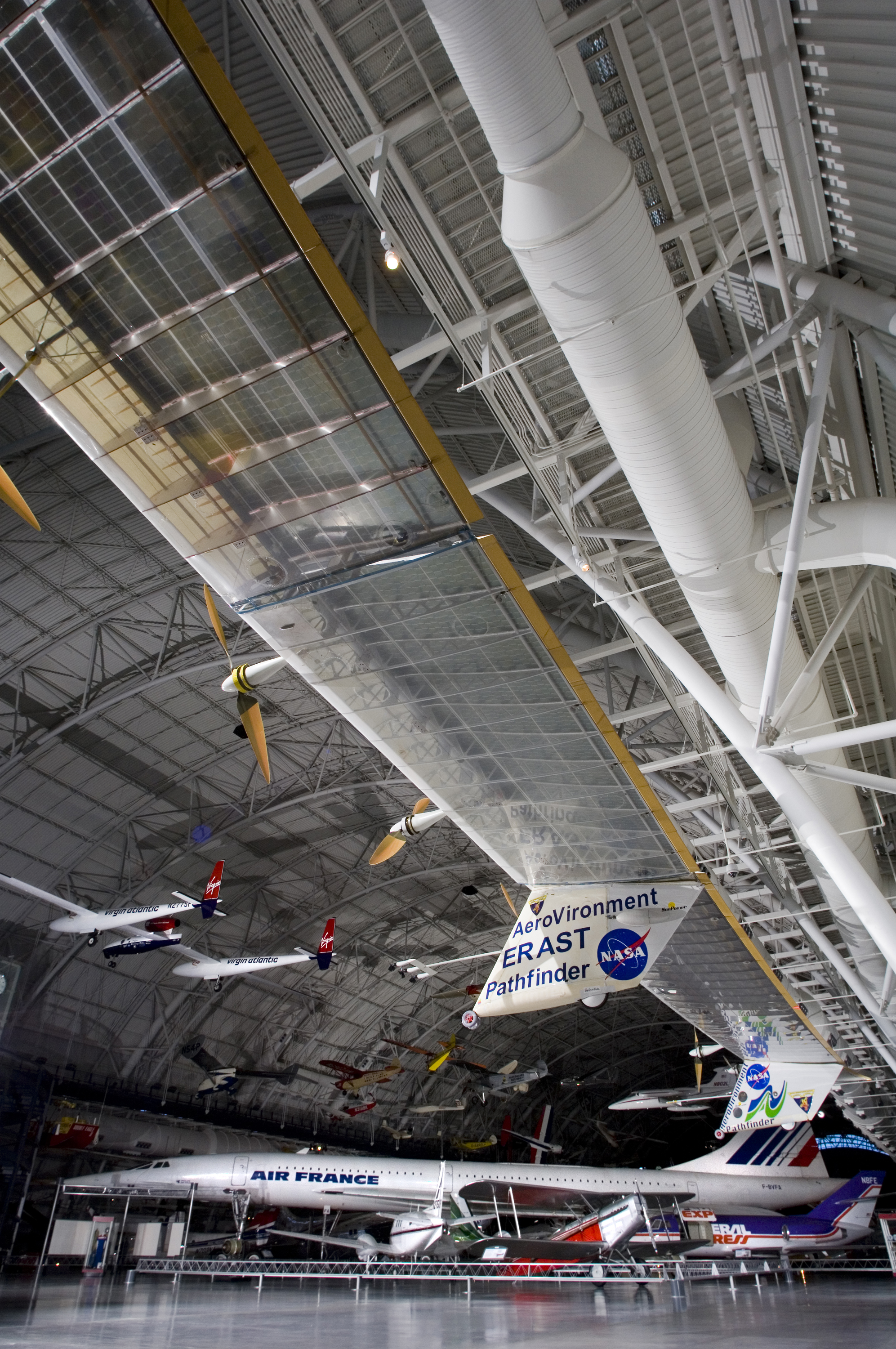 The record-setting AeroVironment/NASA Pathfinder-Plus solar-electric flying wing is enshrined in the National Air & Space Museum's Udvar-Hazy Center.
