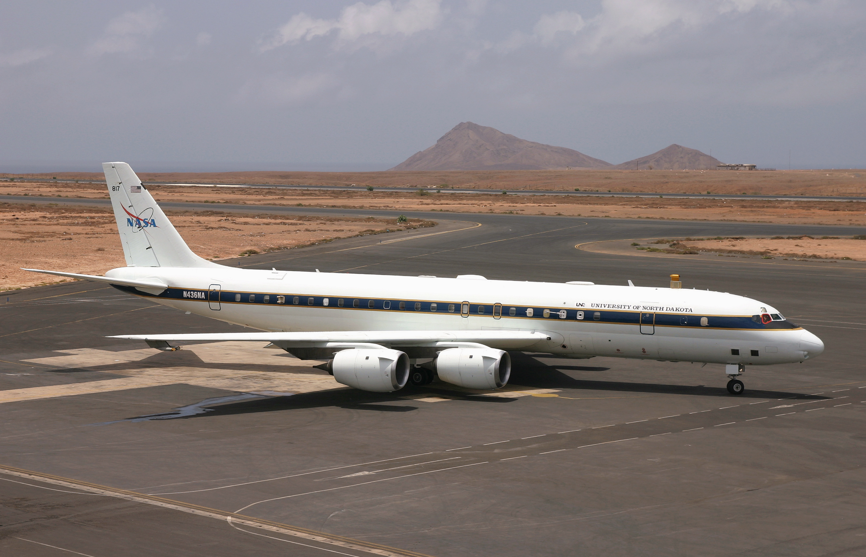 NASA's DC-8 Flying Laboratory taxis up to the ramp at Sal Island's Amilcar Cabral International Airport after a science flight for the NAMMA mission