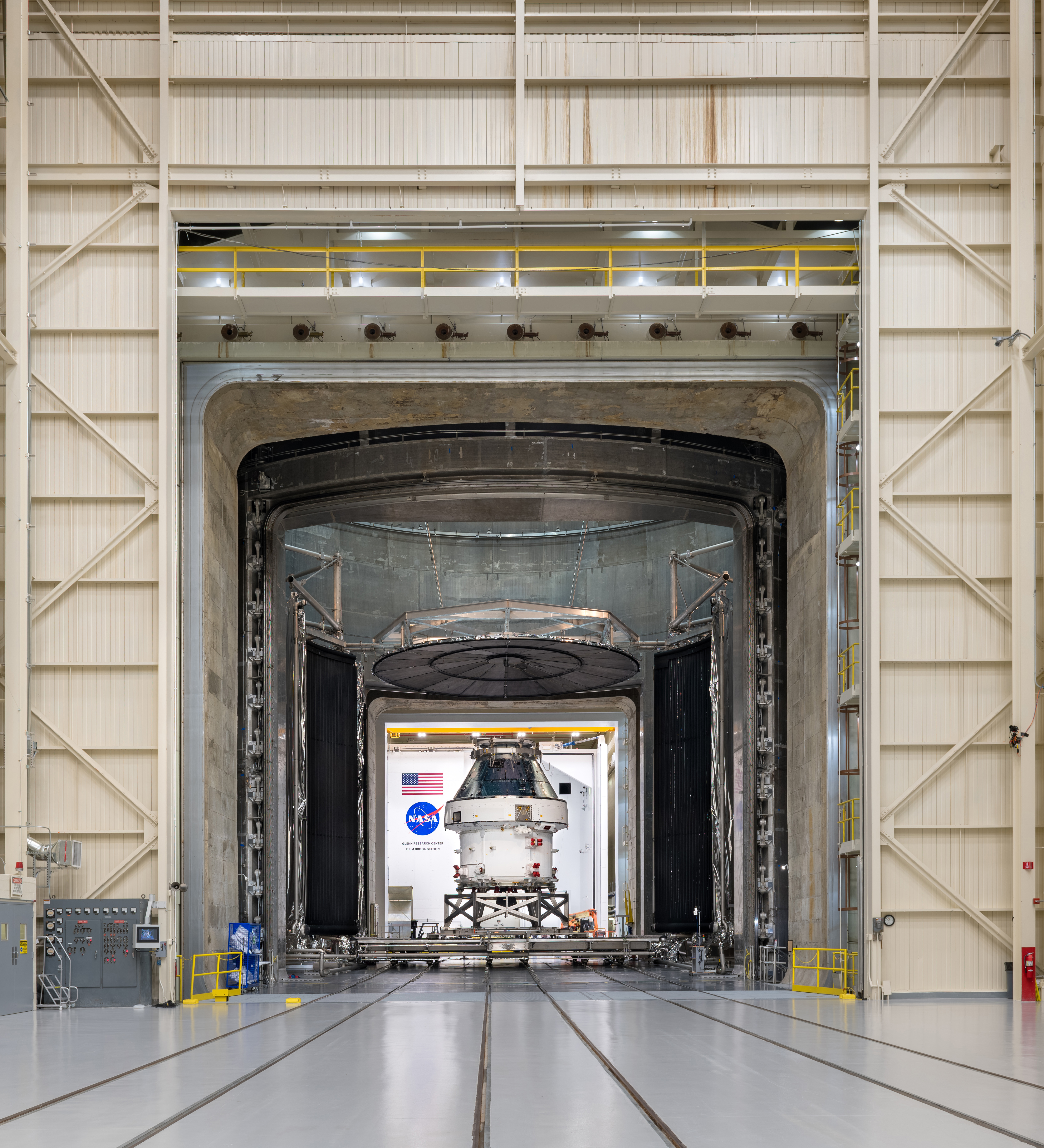 Orion spacecraft for the Artemis I Mission, consisting of the crew module and European-built service module, sits in the NASA Glenn Research Center, Plum Brook Station, Space Environments Complex, SEC, Thermal Vacuum Chamber