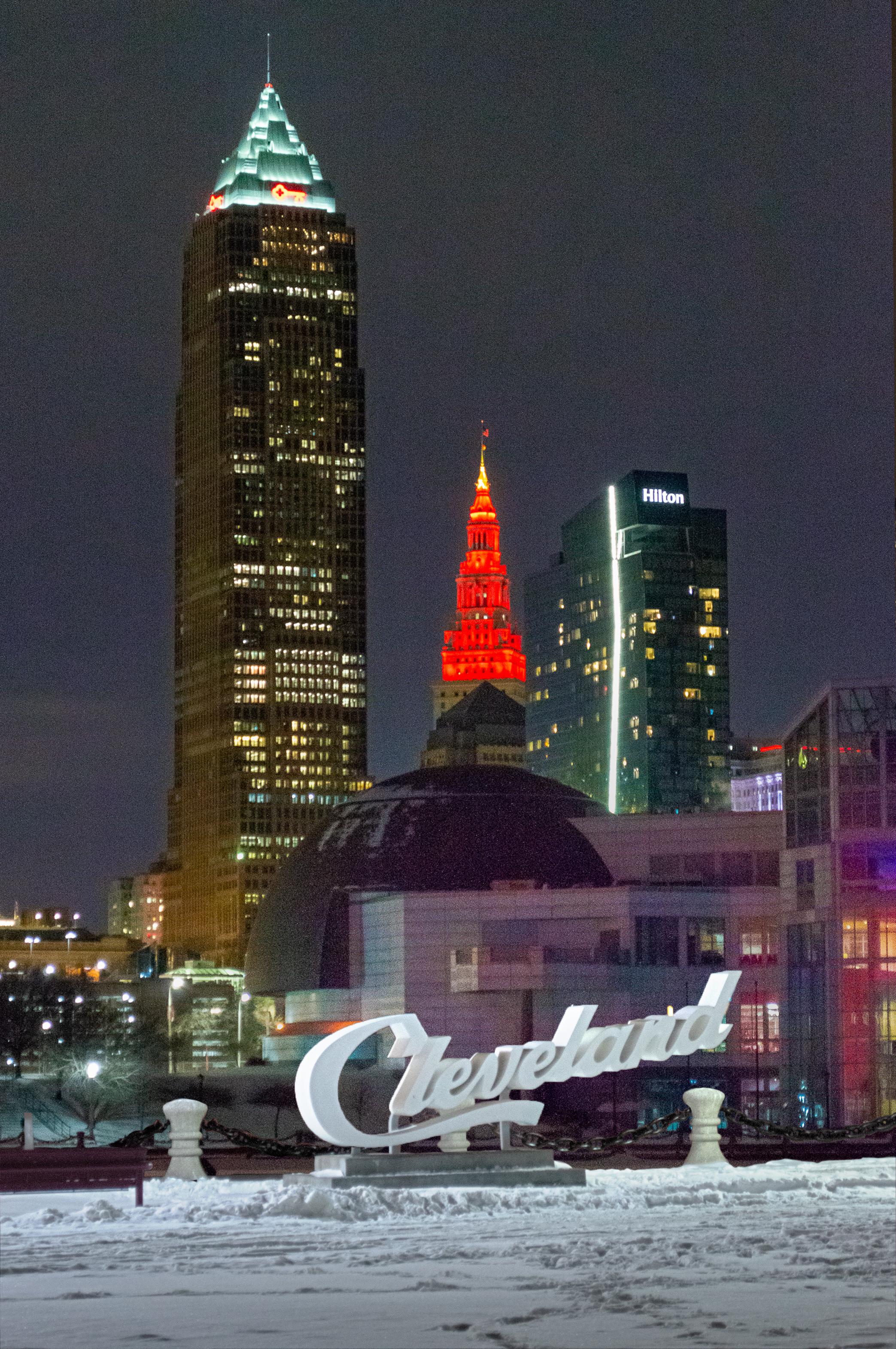 Terminal Tower illuminated in red to commemorate the Mars Landing of Perseverance Rover