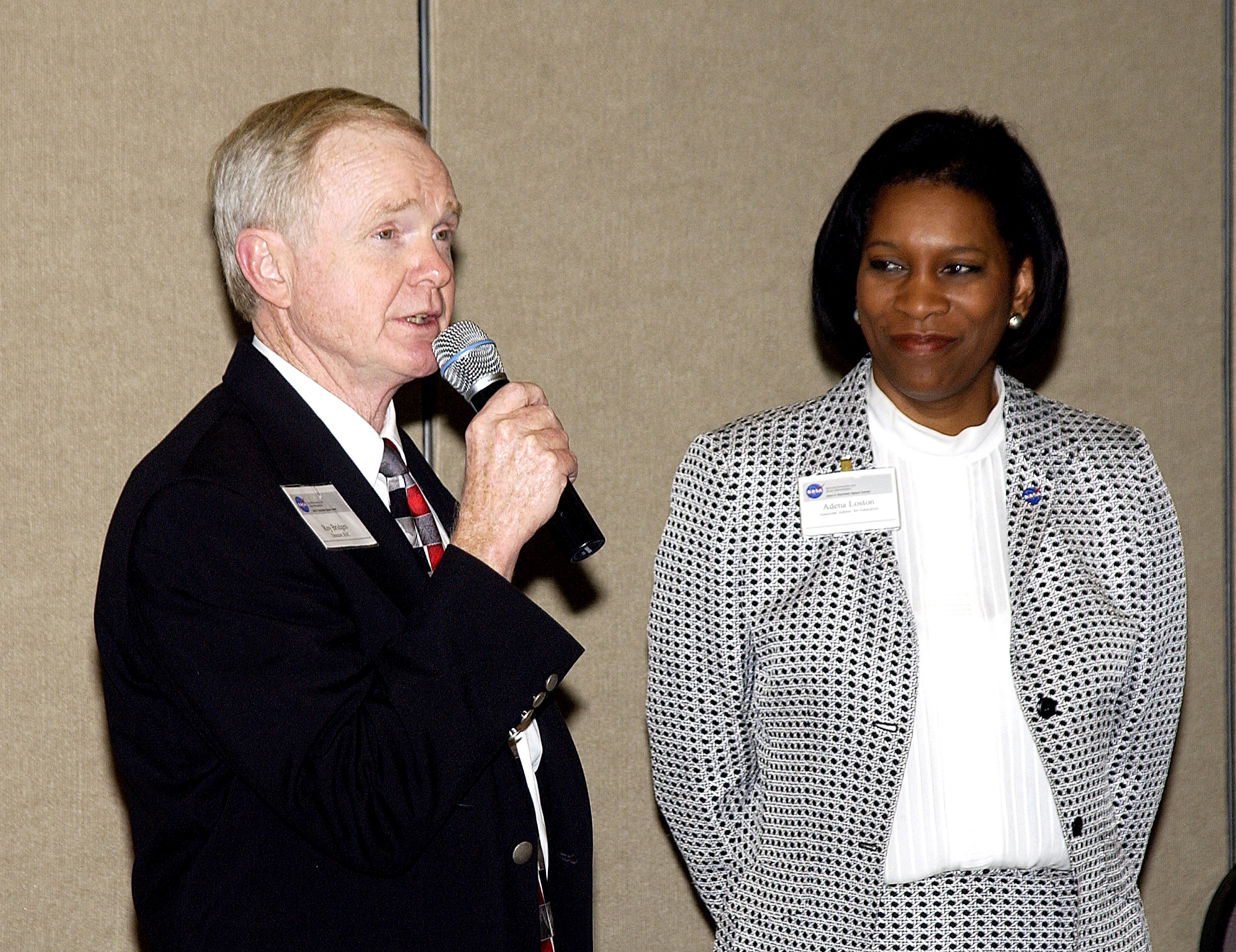 KENNEDY SPACE CENTER, FLA. - Center Director Roy Bridges Jr. introduces Dr. Adena Williams Loston at a reception and dinner in her honor at the Debus Conference Center June 6. Loston is NASA’s new associate administrator of Education and the reception was in her honor. Loston was previously NASA Administrator Sean O’Keefe’s senior advisor of education and assumed her new position in October 2002.