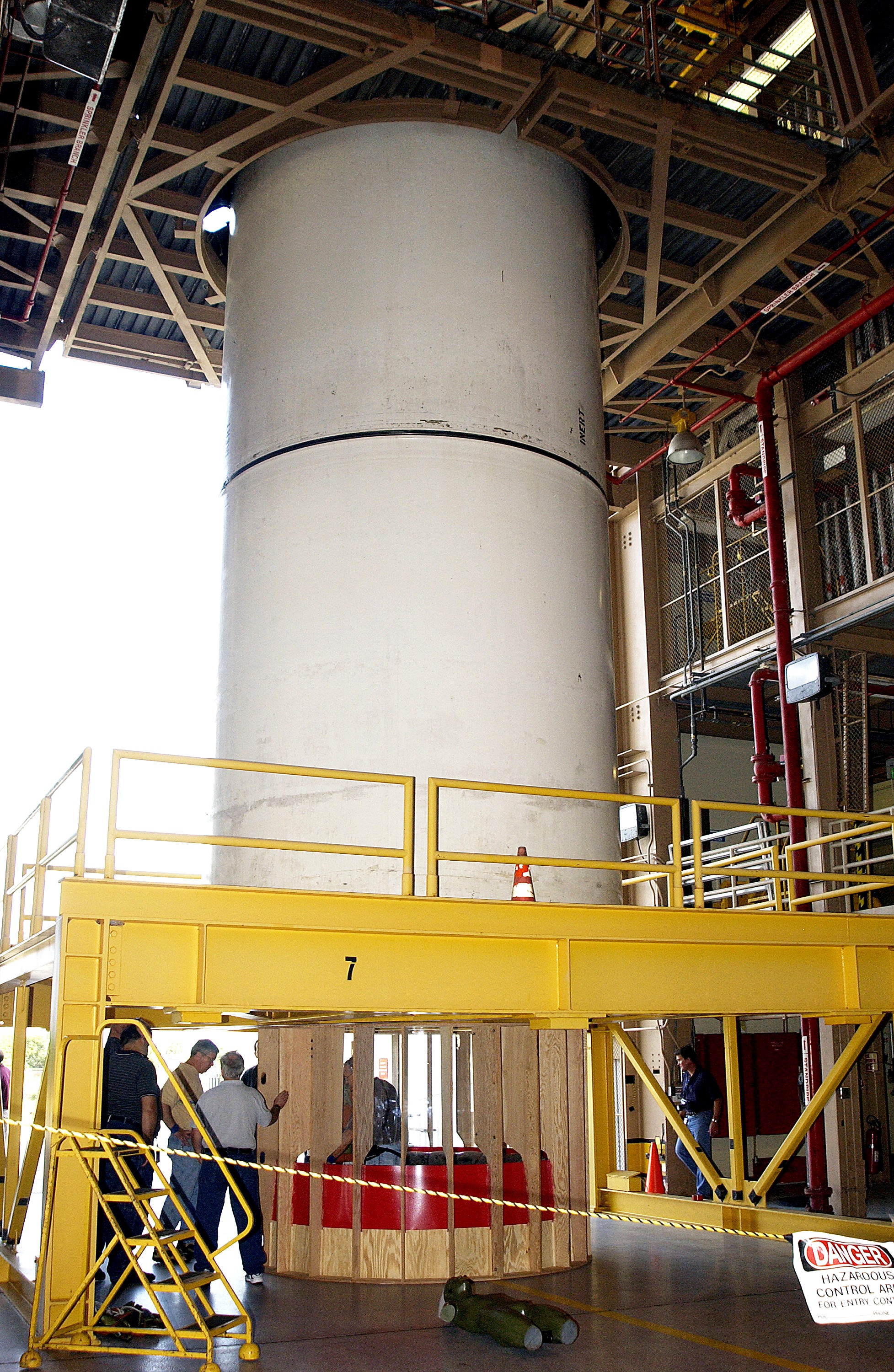 KENNEDY SPACE CENTER, FLA. - At the Rotation, Processing and Surge Facility stand a mockup of two segments of a solid rocket booster (SRB) being used to test the feasibility of a vertical SRB propellant grain inspection, required as part of safety analysis.
