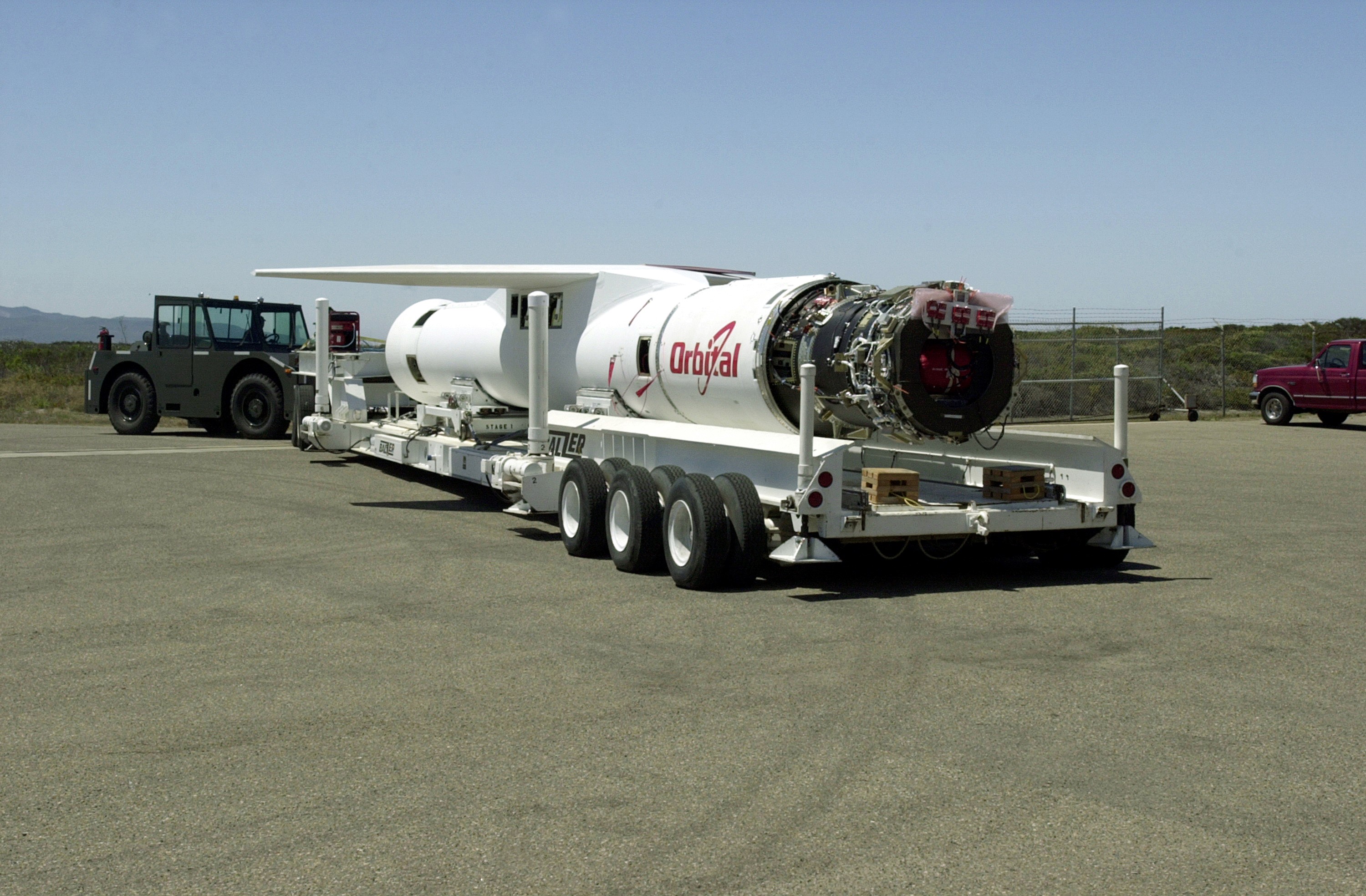 VANDENBERG AIR FORCE BASE, CALIF. - At Vandenberg Air Force Base, Calif., the Pegasus launch vehicle is moved toward its hangar. The Pegasus will carry the SciSat-1 spacecraft in a 400-mile-high polar orbit to investigate processes that control the distribution of ozone in the upper atmosphere. The data from the satellite will provide Canadian and international scientists with improved measurements relating to global ozone processes and help policymakers assess existing environmental policy and develop protective measures for improving the health of our atmosphere, preventing further ozone depletion. The mission is designed to last two years.