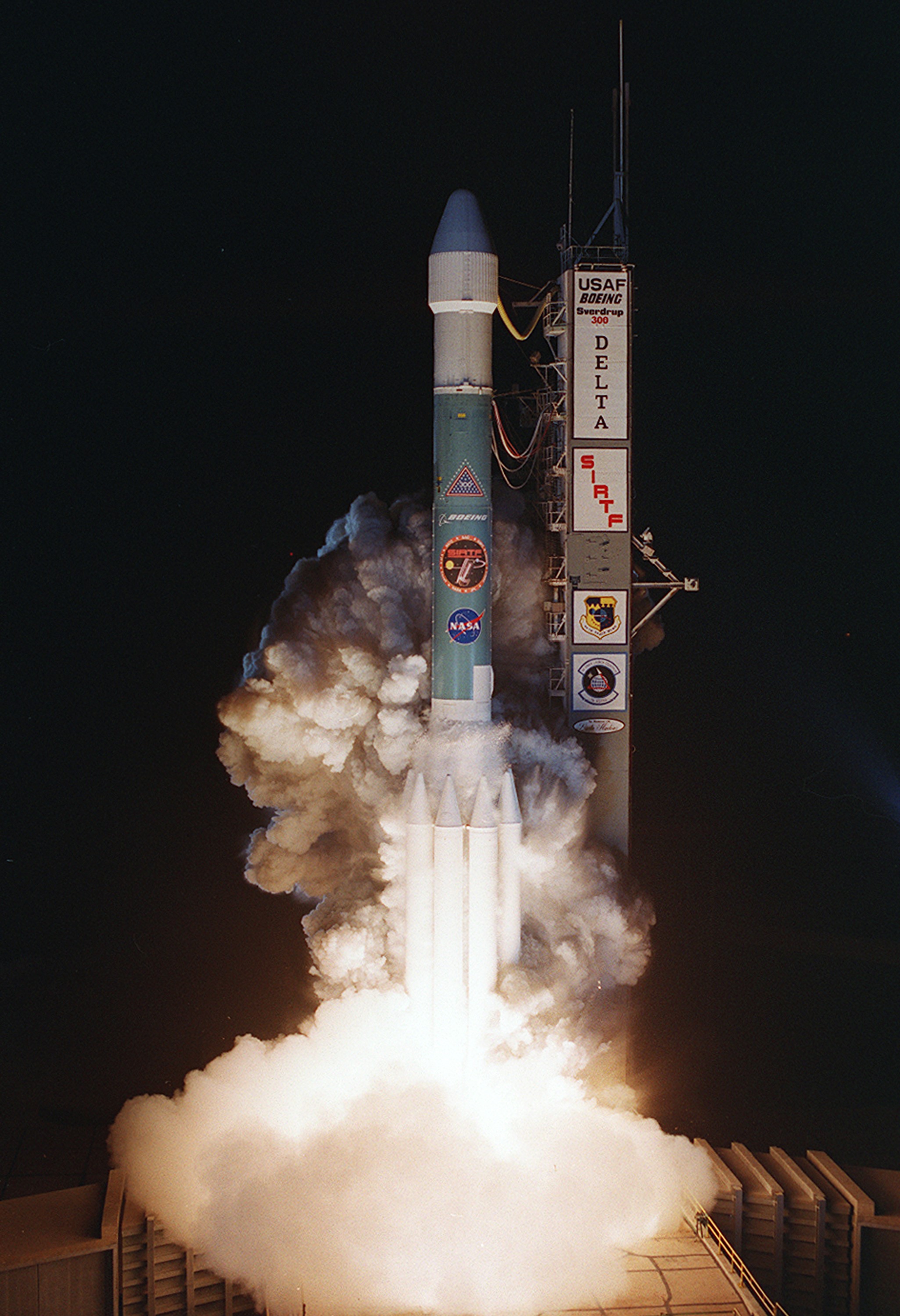 KENNEDY SPACE CENTER, FLA. - NASA's Space Infrared Telescope Facility (SIRTF) lifts off from Launch Pad 17-B, Cape Canaveral Air Force Station, on Aug. 25 at 1:35:39 a.m. EDT. SIRTF will obtain images and spectra by detecting the infrared energy, or heat, radiated by objects in space. Consisting of a 0.85-meter telescope and three cryogenically cooled science instruments, SIRTF will be the largest infrared telescope ever launched into space. It is the fourth and final element in NASA’s family of orbiting “Great Observatories.” Its highly sensitive instruments will give a unique view of the Universe and peer into regions of space that are hidden from optical telescopes.