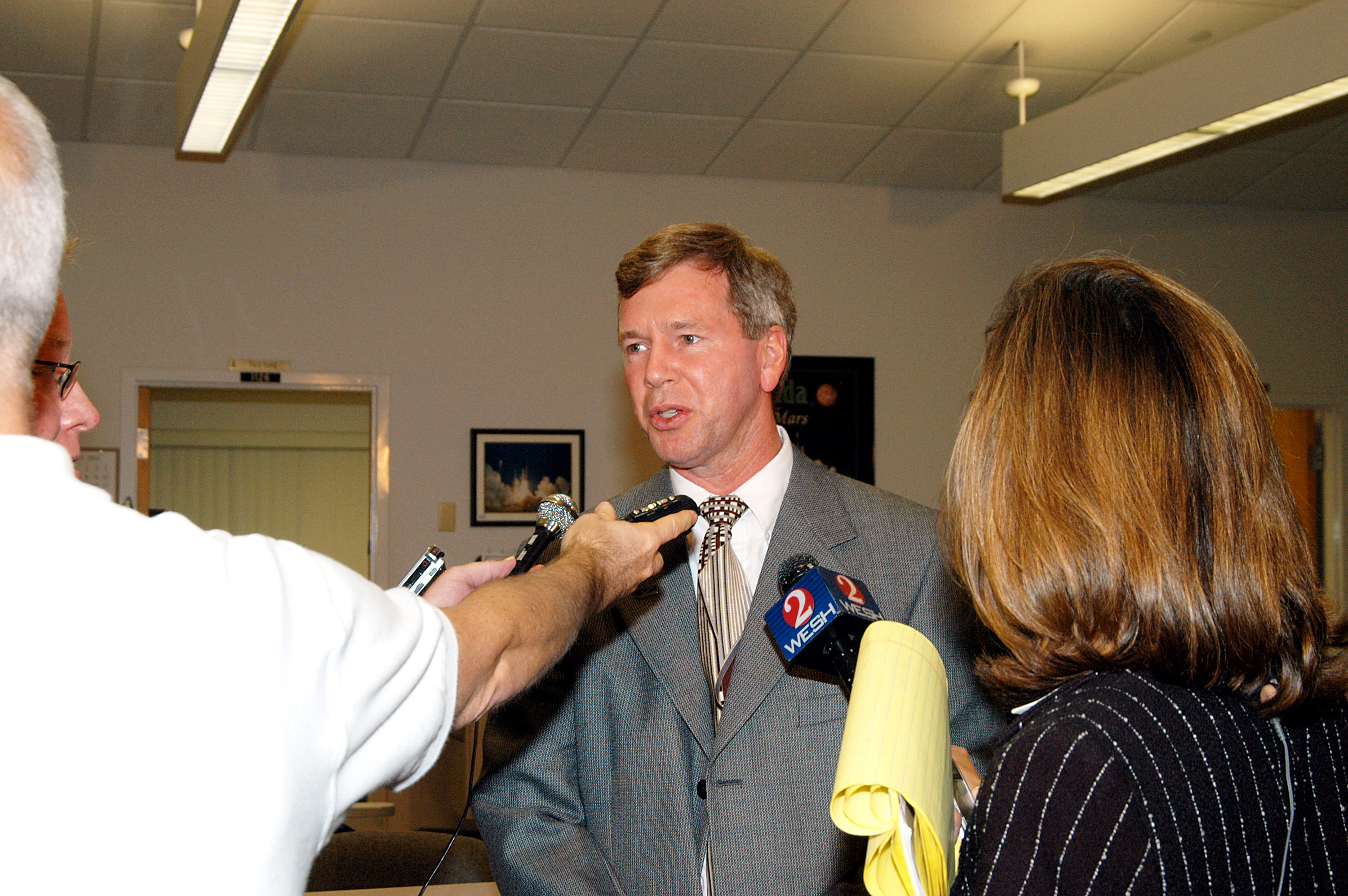 KENNEDY SPACE CENTER, FLA. -- Mike O’Neal, with the KSC Spaceport Technology Development Office, talks to the media at the NASA-KSC News Center after viewing President George W. Bush’s message on the future of NASA. The President stated his goals for NASA’s new mission: Completing the International Space Station, retiring the Space Shuttle orbiters, developing a new crew exploration vehicle, and returning to the moon and beyond within the next two decades. Pres. Bush was welcomed by NASA Administrator Sean O’Keefe and Expedition 8 Commander Michael Foale, who greeted him from the International Space Station.