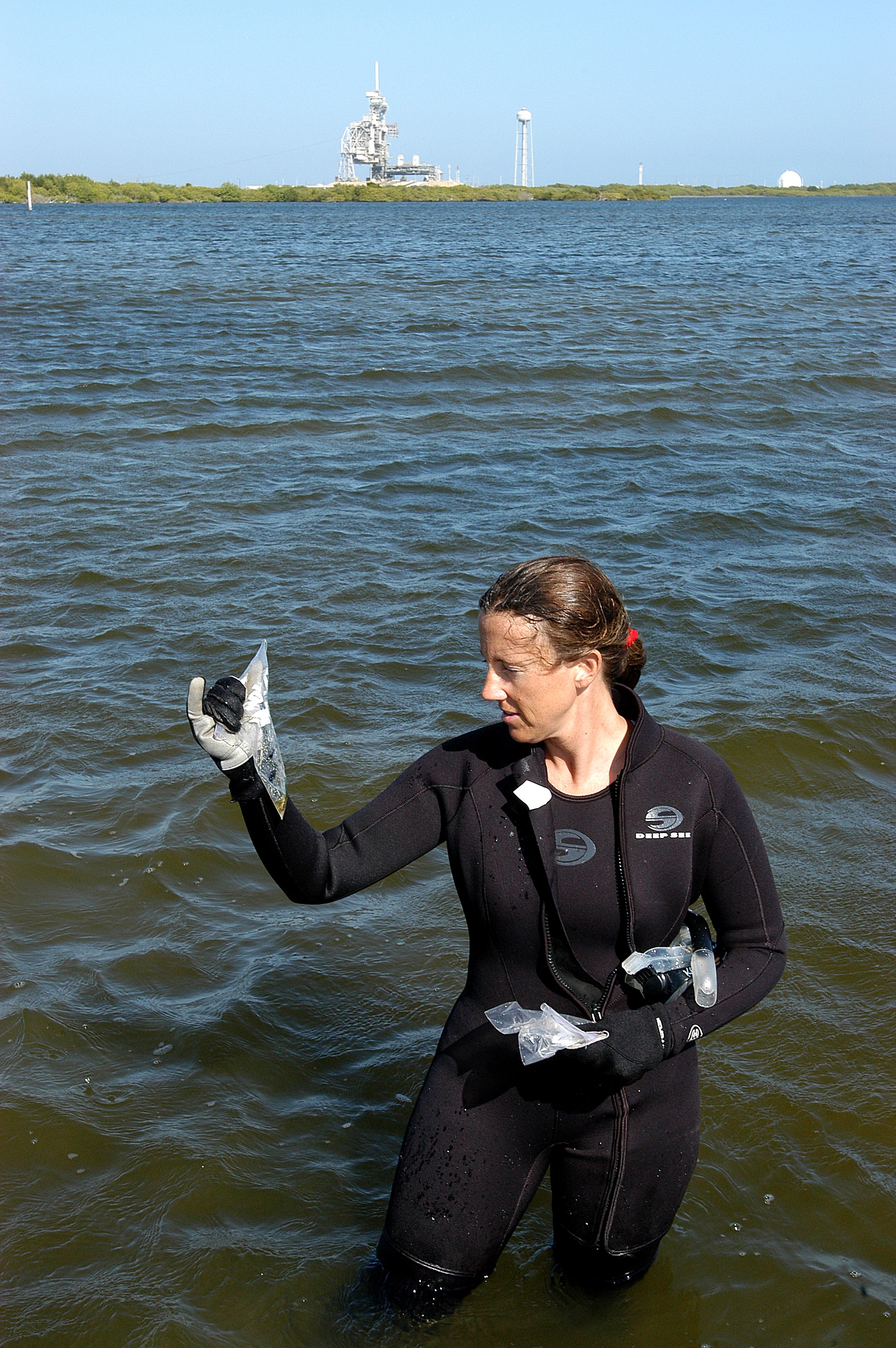 KENNEDY SPACE CENTER, FLA. - Karen Holloway-Adkins, KSC wildlife specialist, holds a sample of the sea grass she collected from the floor of the Banana River. She is studying the life history of sea turtles, especially what they eat, where they lay their eggs and what factors might harm their survival. On the boat trip she is also monitoring the growth of sea grasses and algae and the water quality of estuaries and lagoons used by sea turtles and other aquatic wildlife.