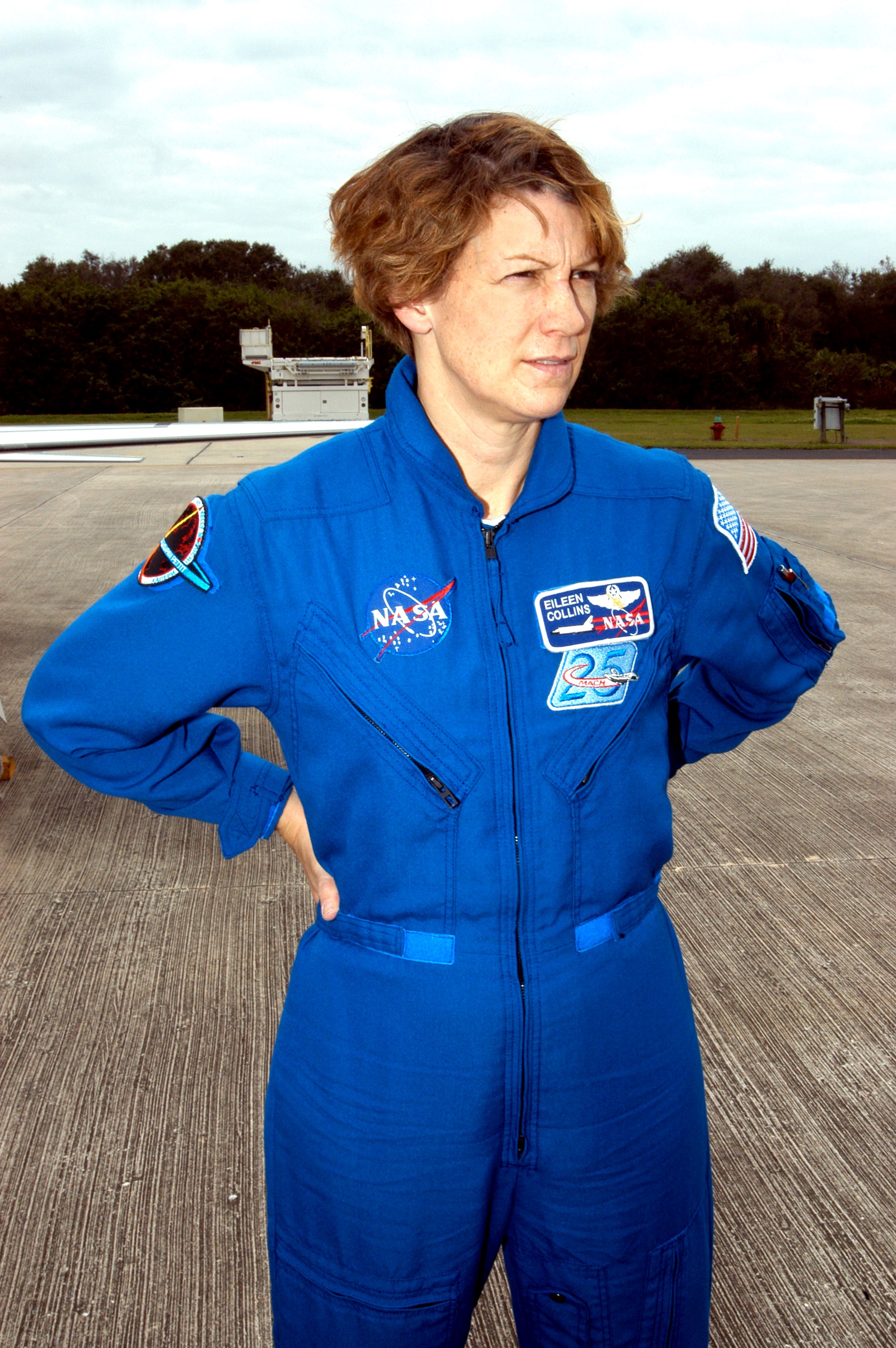 KENNEDY SPACE CENTER, FLA. - STS-114 Mission Commander Eileen Collins is pleased to be back at KSC after arriving aboard a T-38 jet aircraft. She and other crew members are at the Center for familiarization activities with equipment. The mission is Logistics Flight 1, scheduled to deliver to the Space Station the external stowage platform and the Multi-Purpose Logistics Module with supplies and equipment.