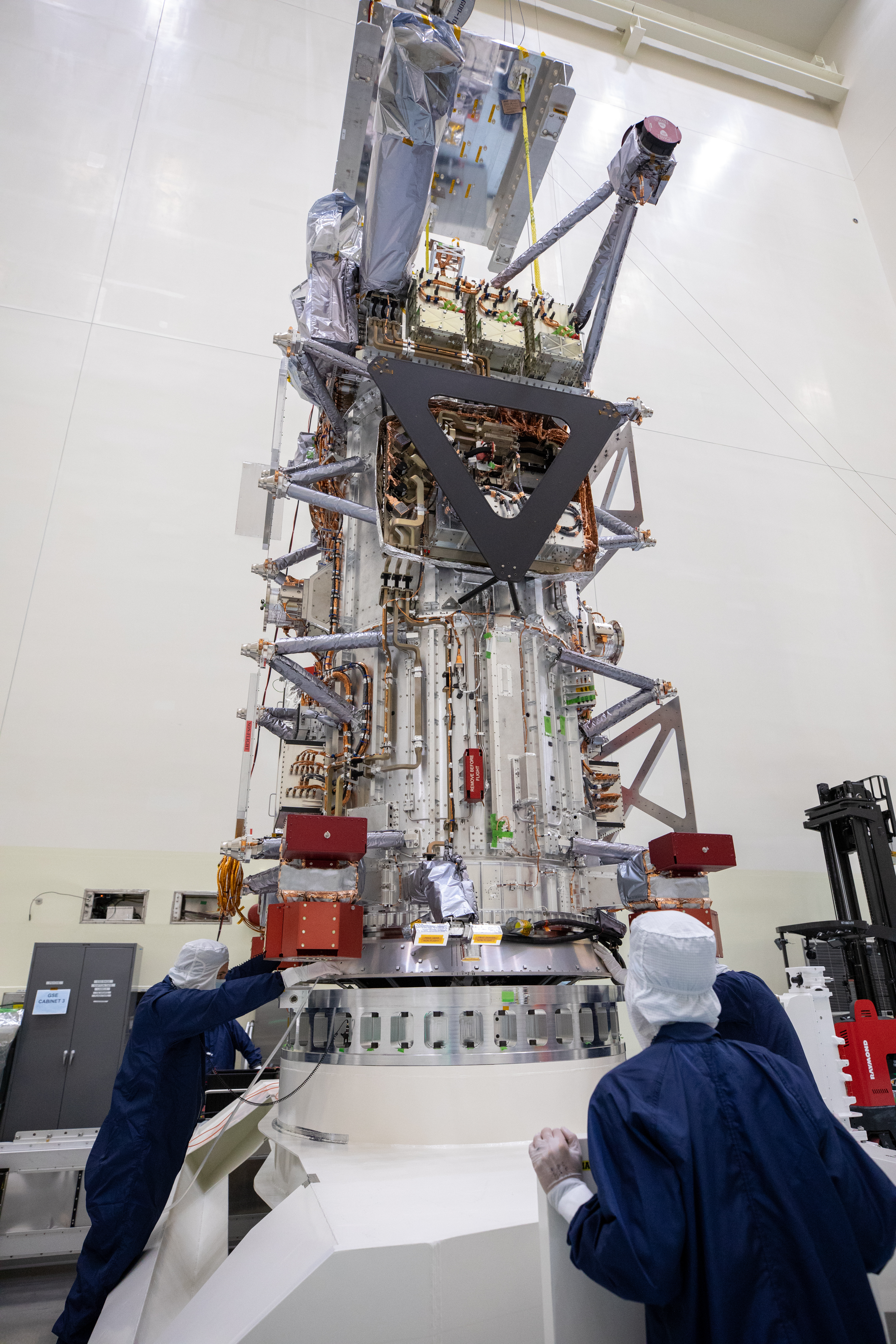 Europa Clipper Spacecraft Rotate to Vertical, Lift and Mate to Work Stand