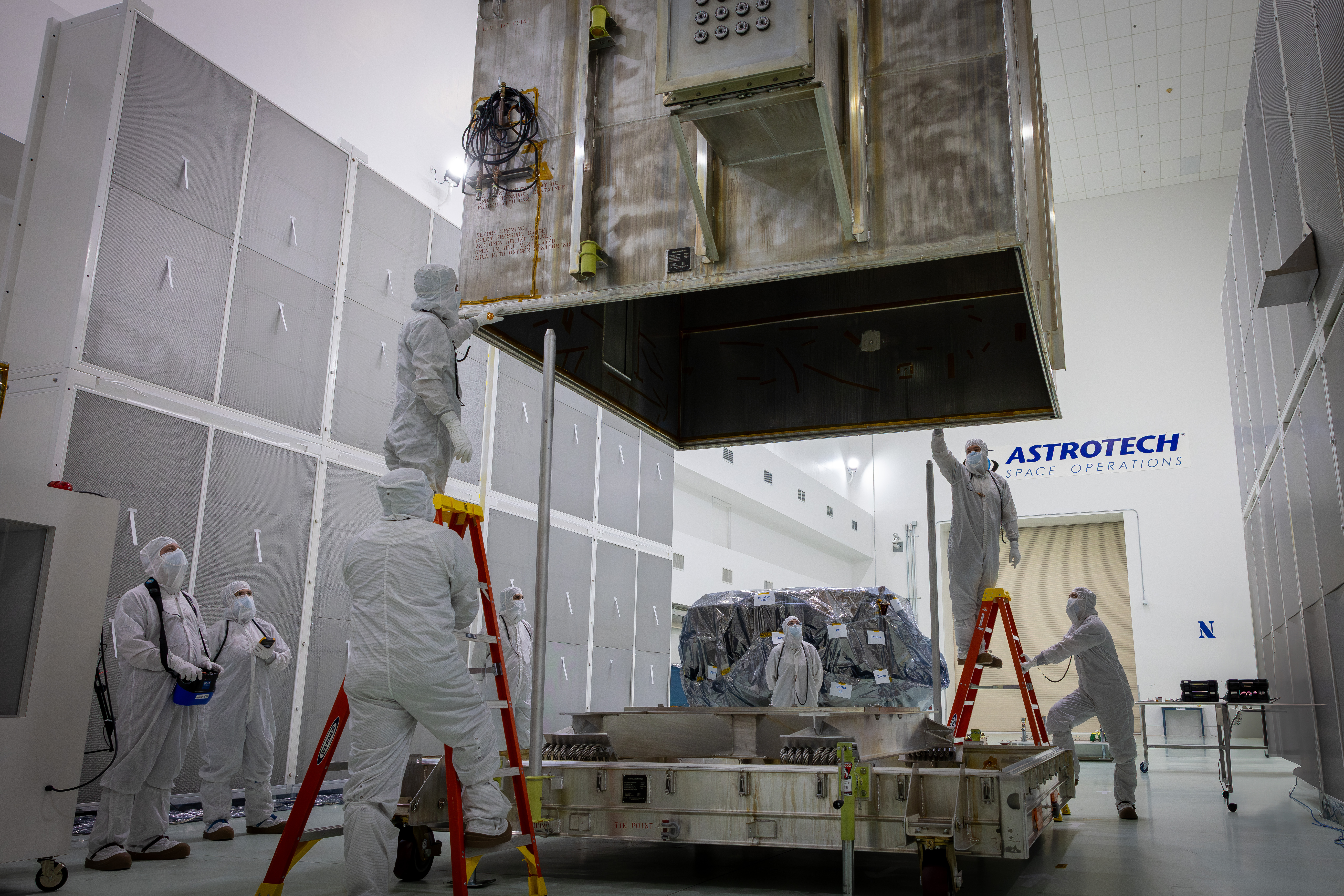 NASA's IMAP Spacecraft Lift to Work Stand and Unbagging
