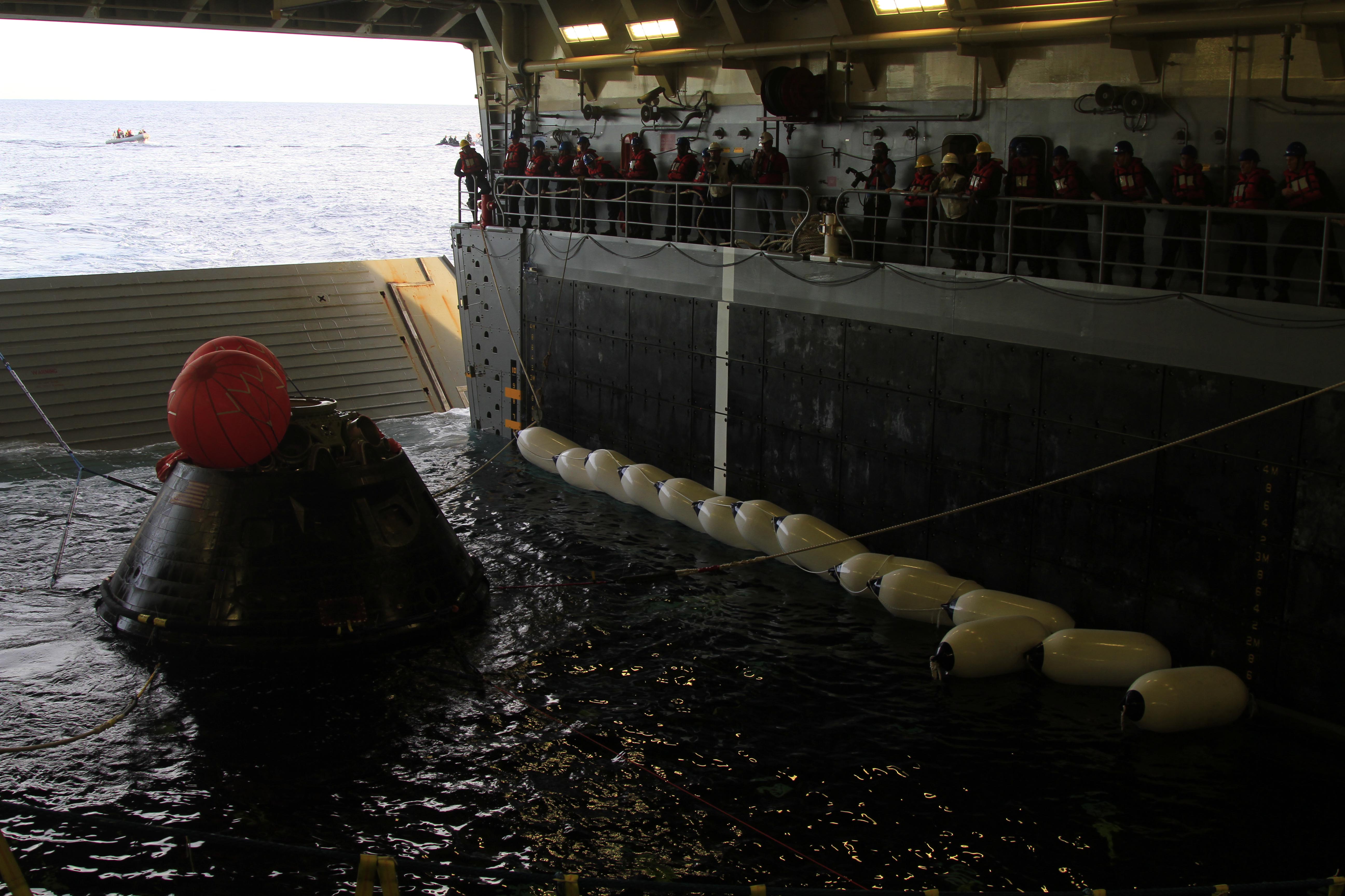 Orion in the Well Deck After Splashdown and Recovery