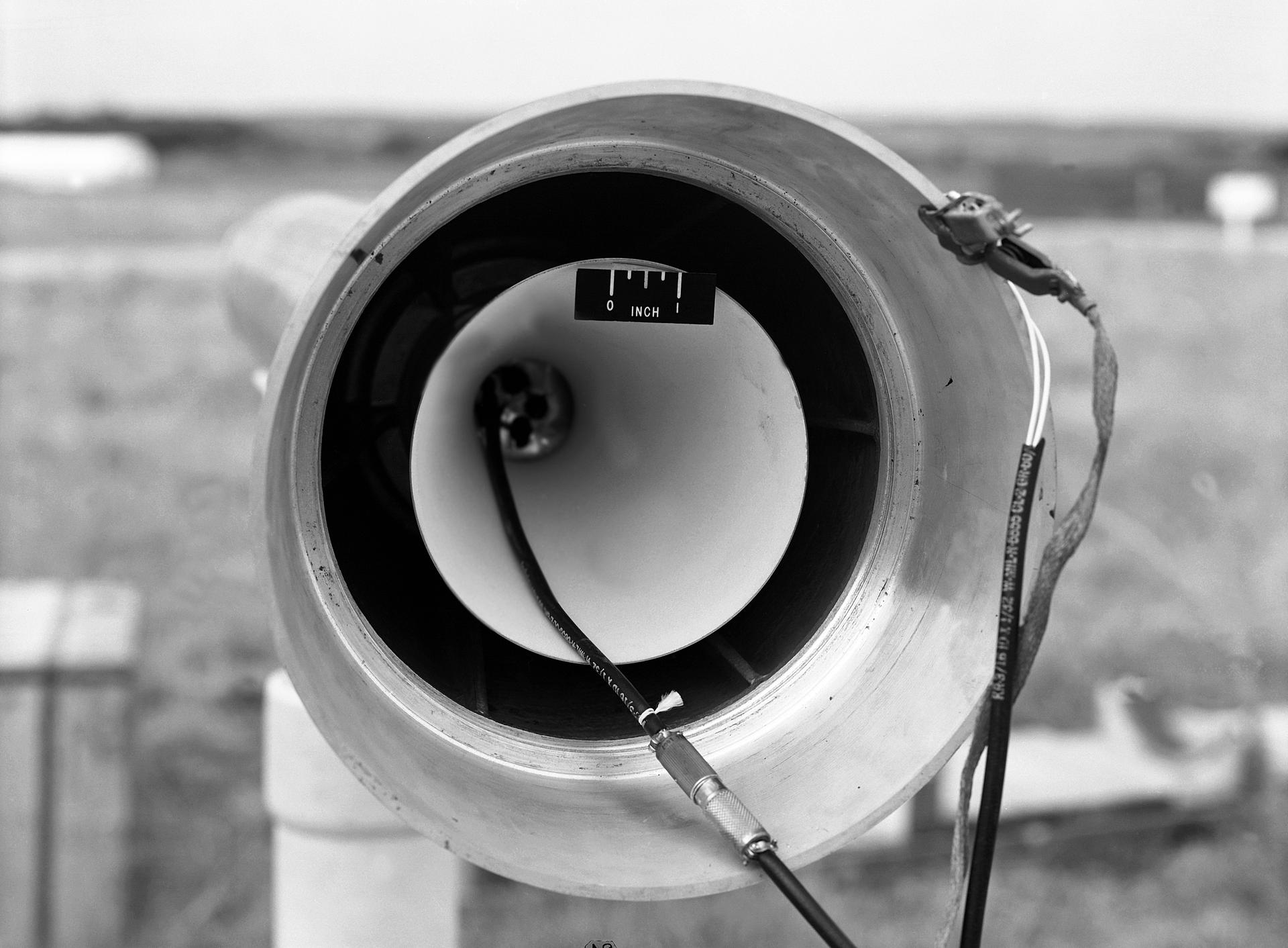 First University of Michigan Strongarm sounding rocket on launcher at Wallops for test, November 10, 1959E5-188 Shop and Launcher Pictures