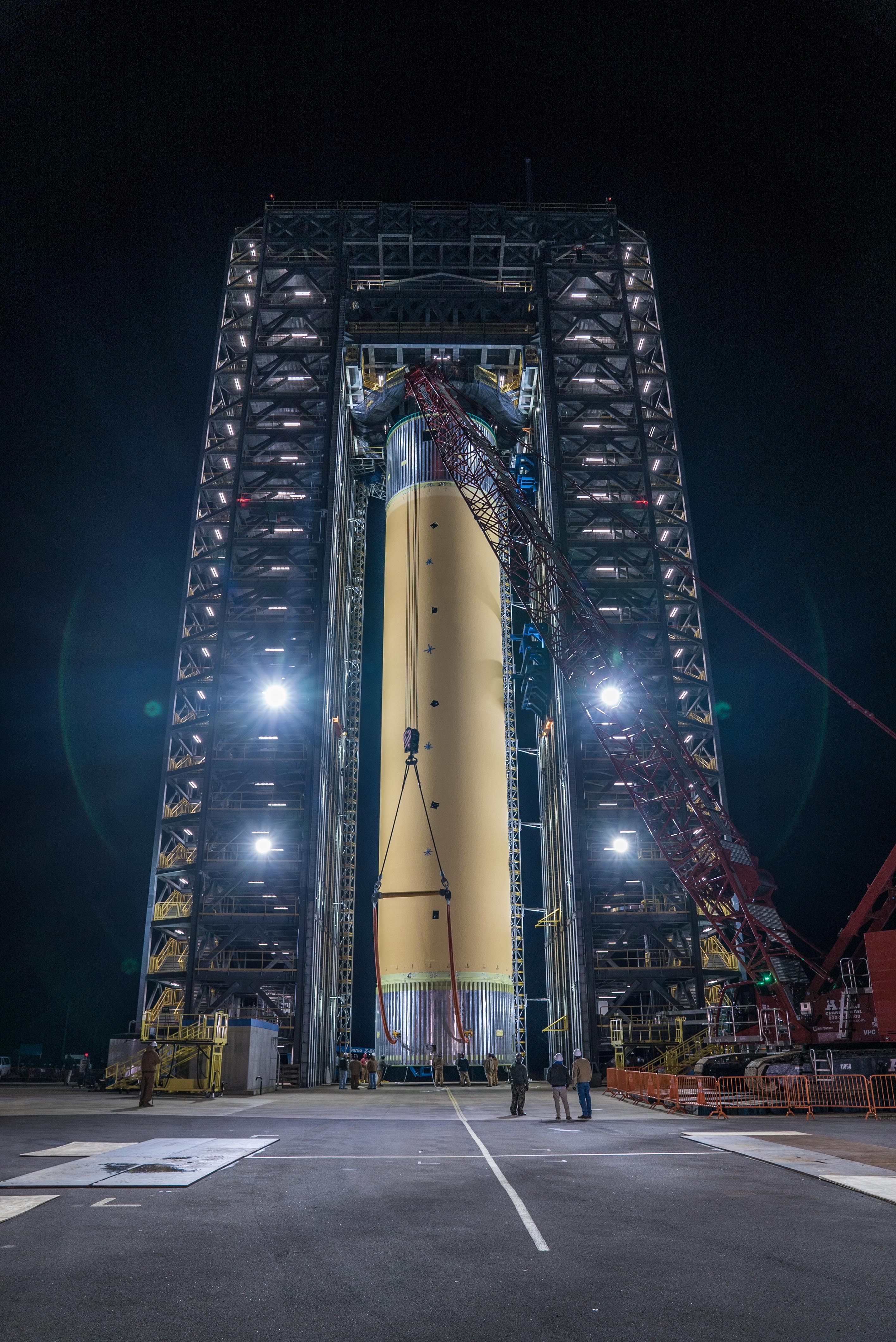 Space Launch System Liquid Hydrogen Tank Test Article Positioned in Test Stand at NASA’s Marshall Space Flight Center