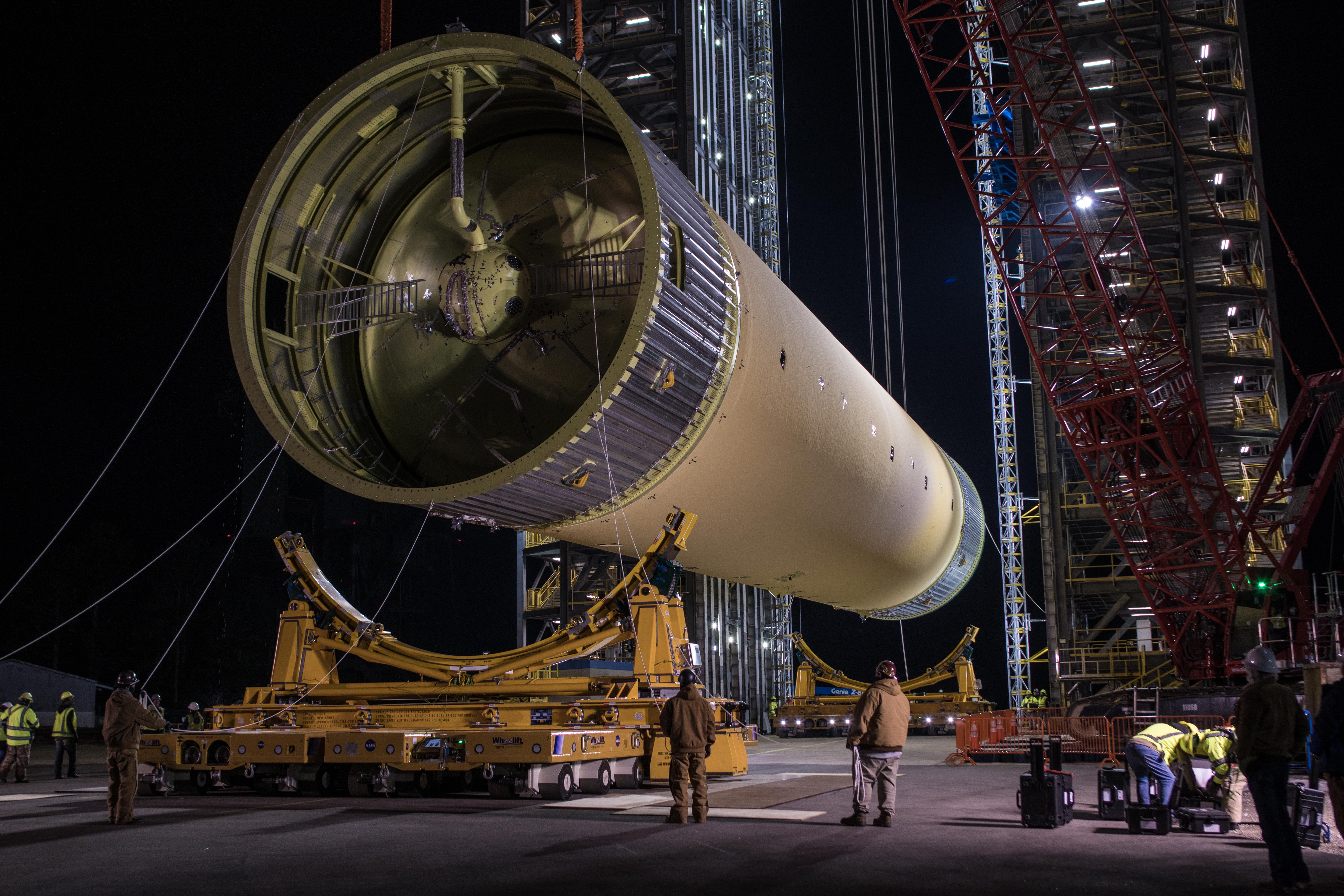 Space Launch System Liquid Hydrogen Tank Test Article Positioned in Test Stand at NASA’s Marshall Space Flight Center