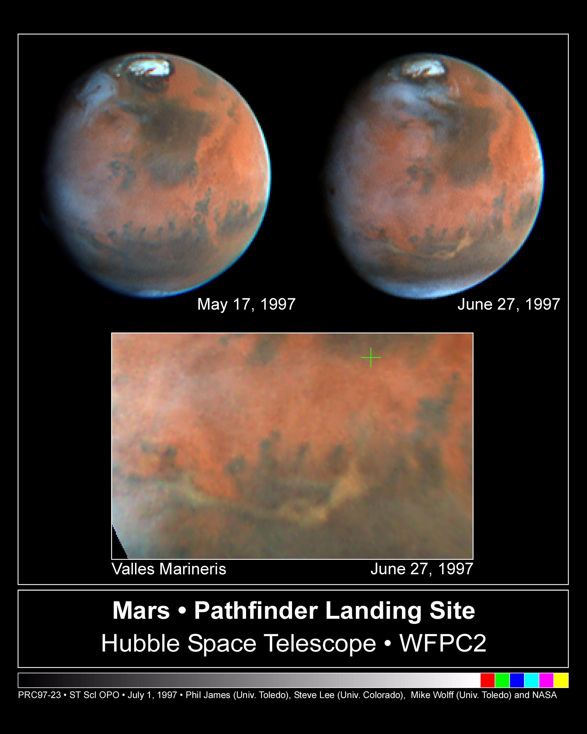 Hubble Look at Mars Shows Canyon Dust Storm, Cloudy Conditions for Pathfinder Landing