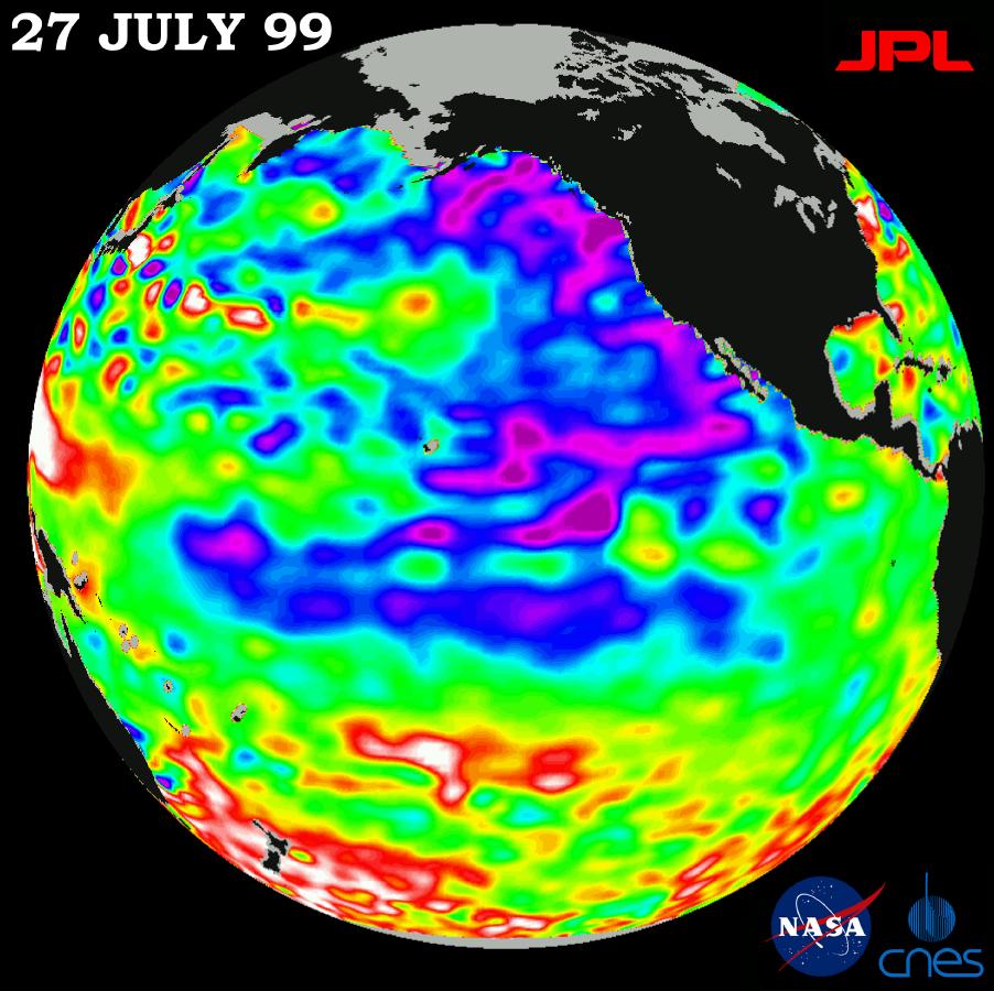 TOPEX/El Niño Watch - Pacific Ocean Conditions are Split: Cold in East, Hot in West, July 27, 1999