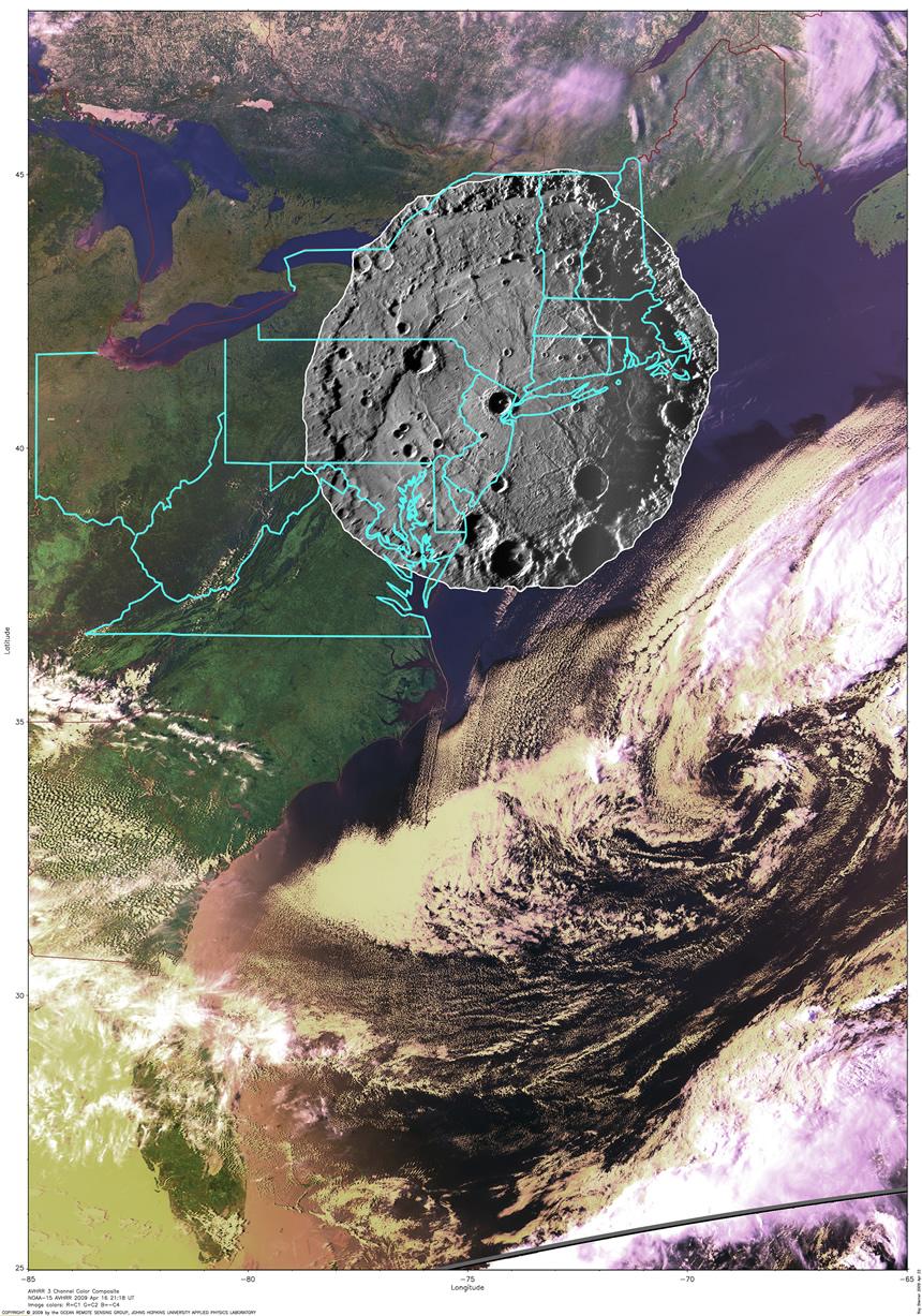 Comparing the Size of Mercury Rembrandt Basin with the East Coast of the USA
