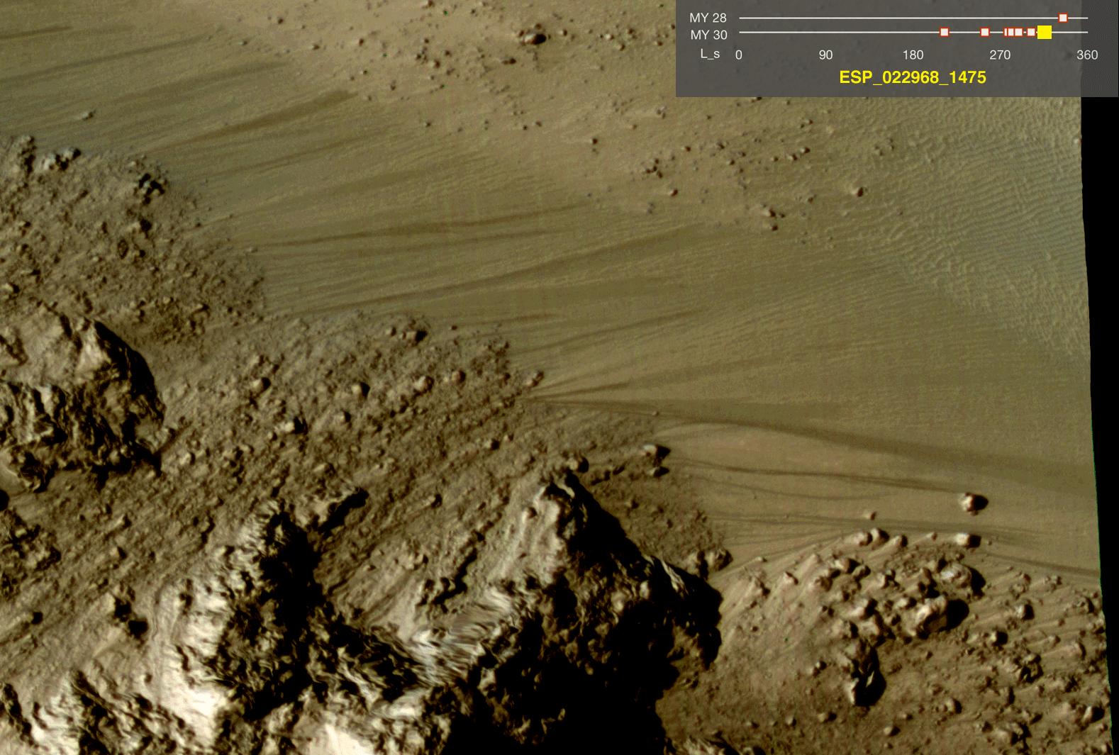 Warm-Season Flows on Slope in Horowitz Crater Eight-Image Sequence