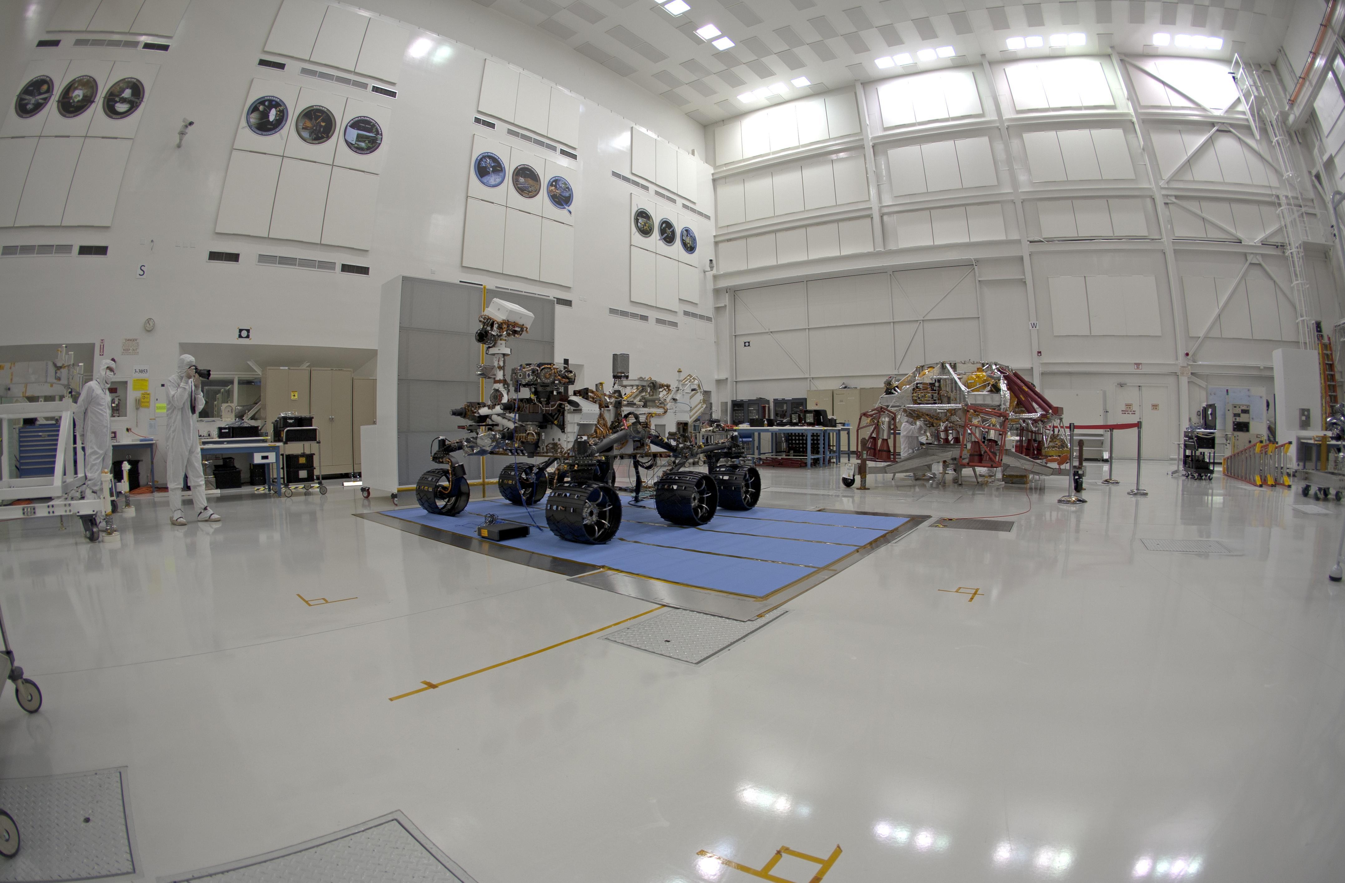 Stereo Left Fish-eye View of NASA Curiosity Rover and its Powered Descent Vehicle