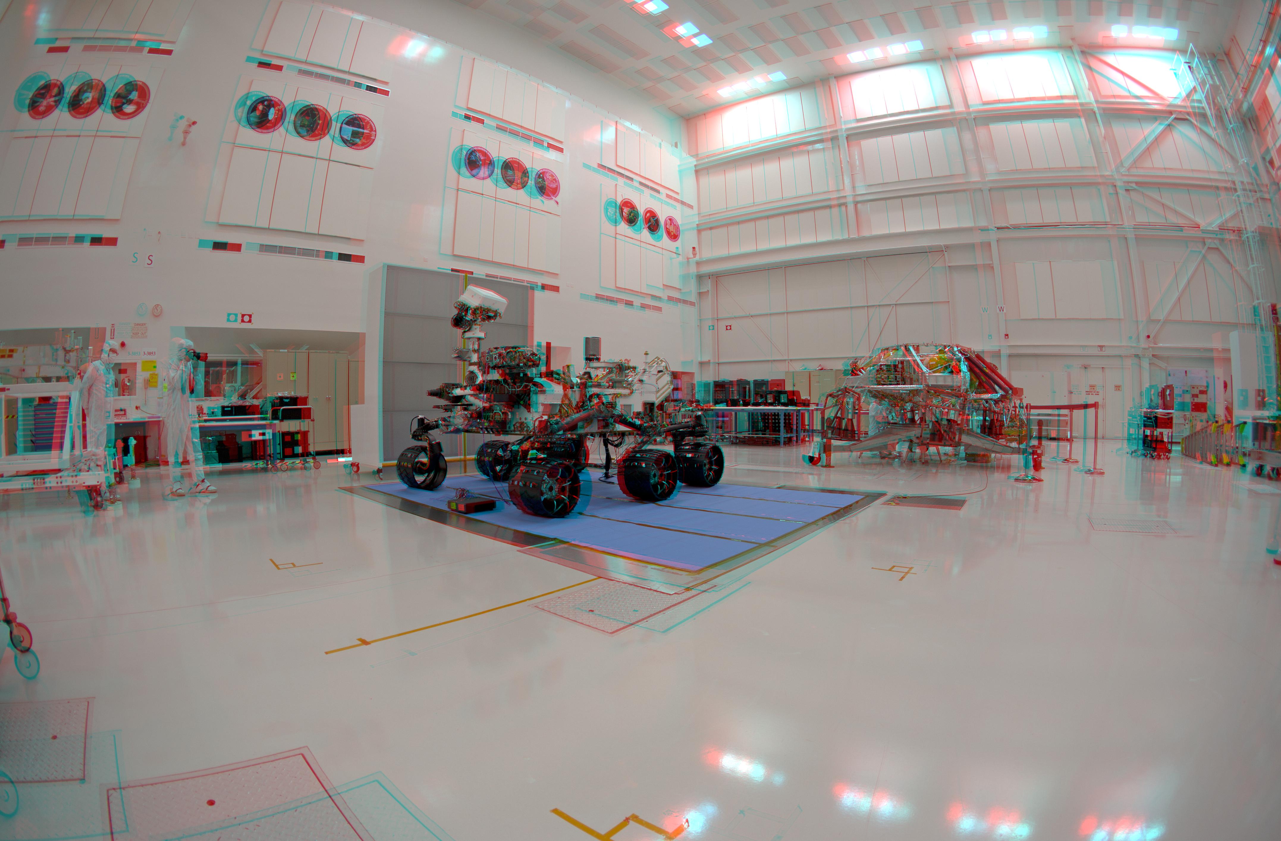 3-D Anaglyph Fish-eye View of NASA Curiosity Rover and its Rocket-Powered Descent Vehicle
