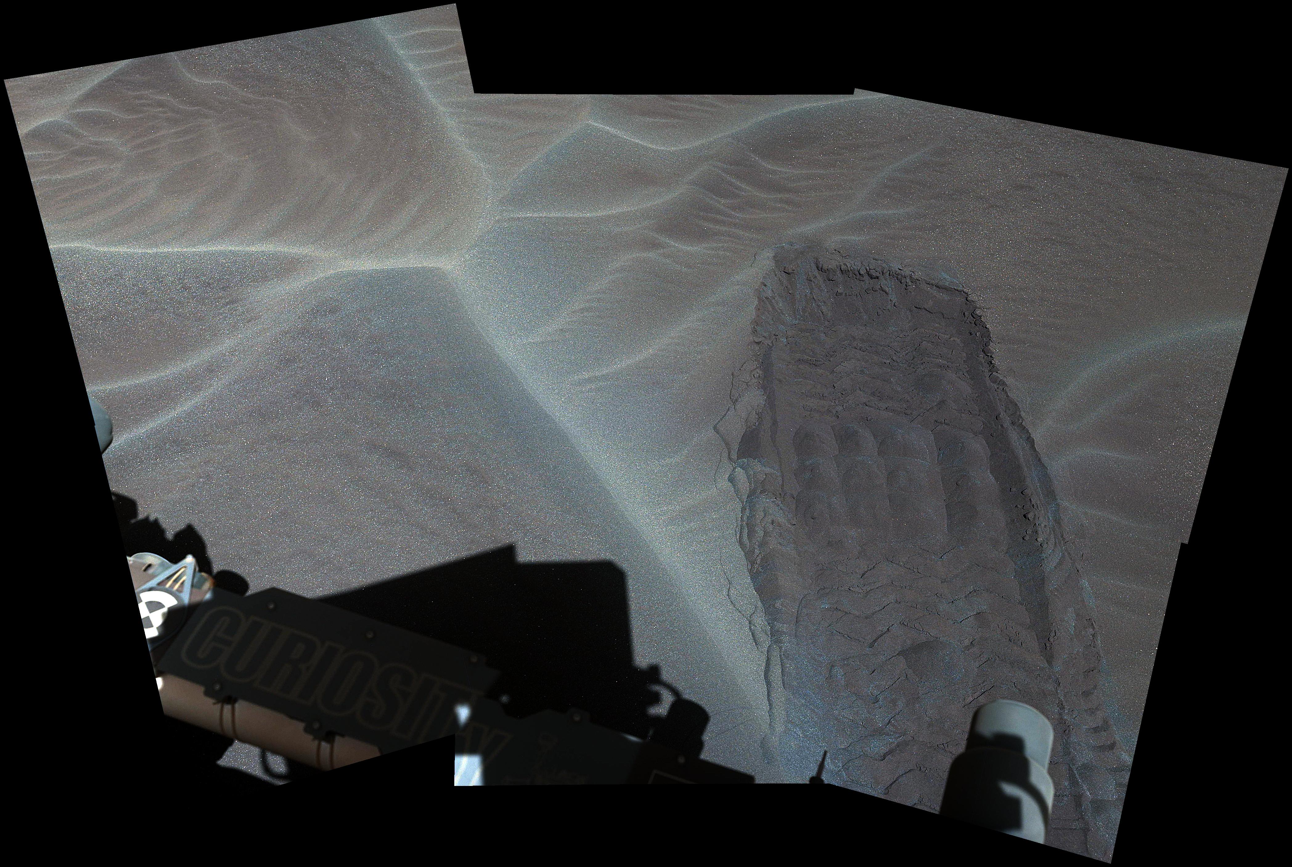 Rover Track in Sand Sheet Near Martian Sand Dune