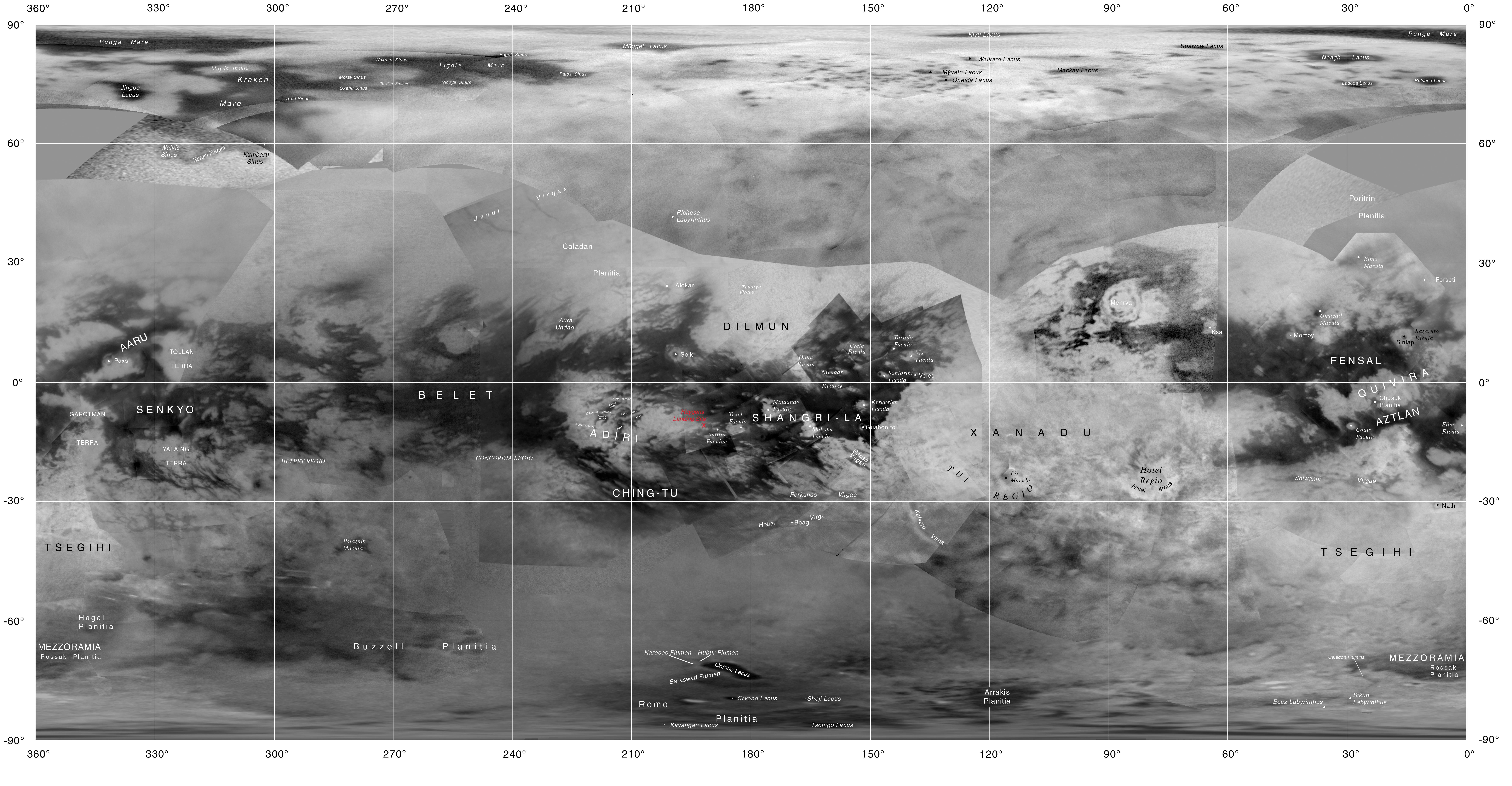 Map of Titan with Labeled Features