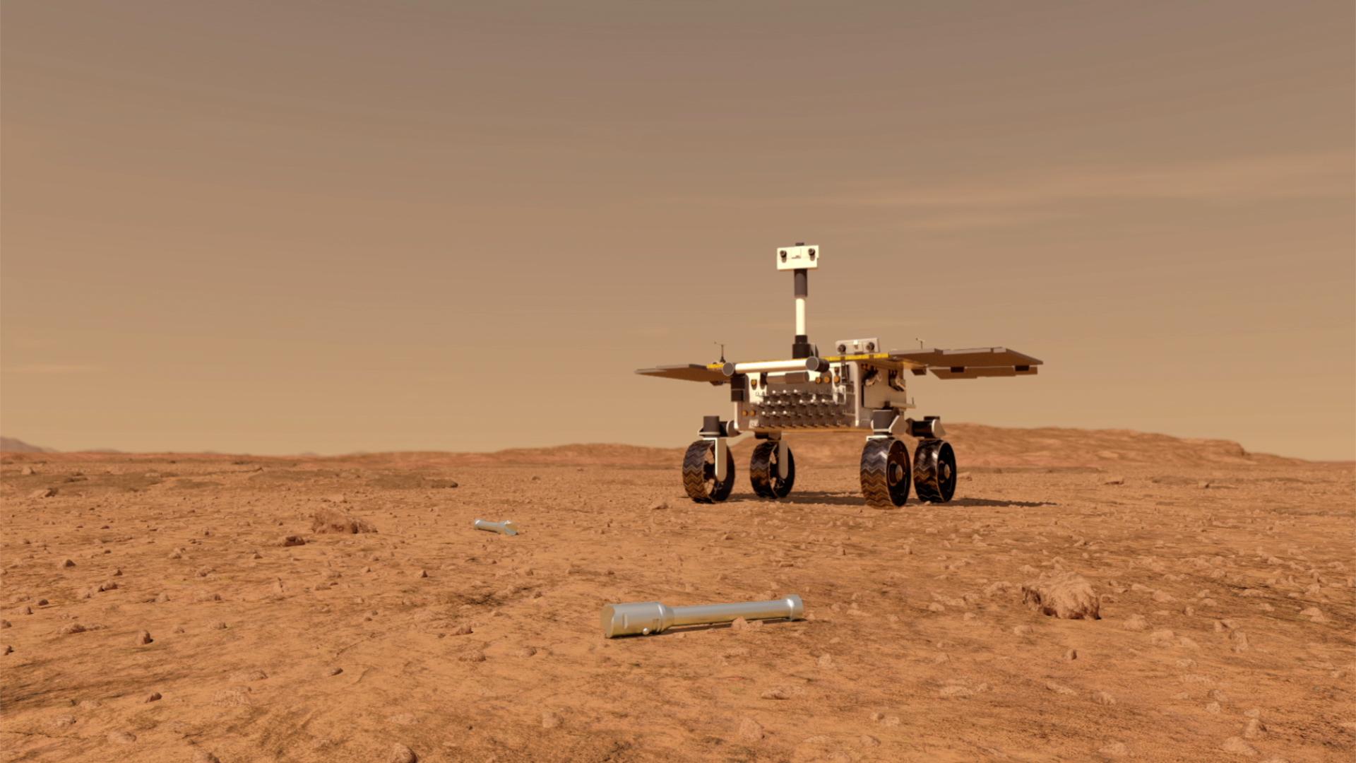 Fetch Rover Approaching Sample Tubes (Artist's Concept)