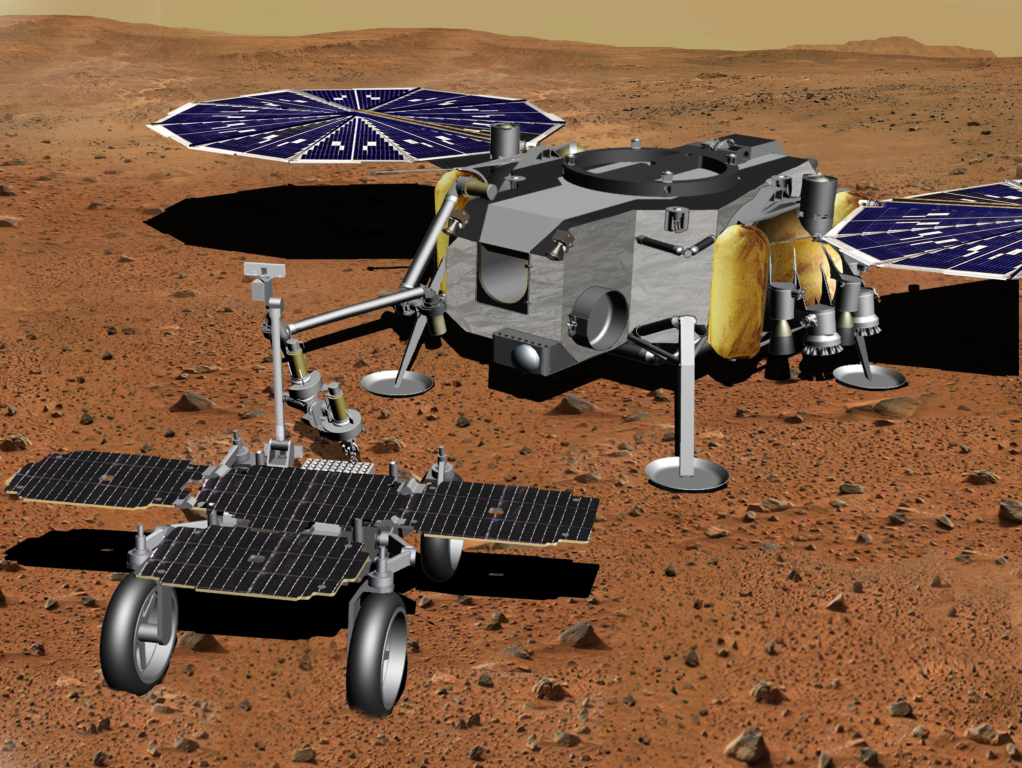 Robotic Arm Transferring Tubes From Fetch Rover to Lander (Artist's Concept)