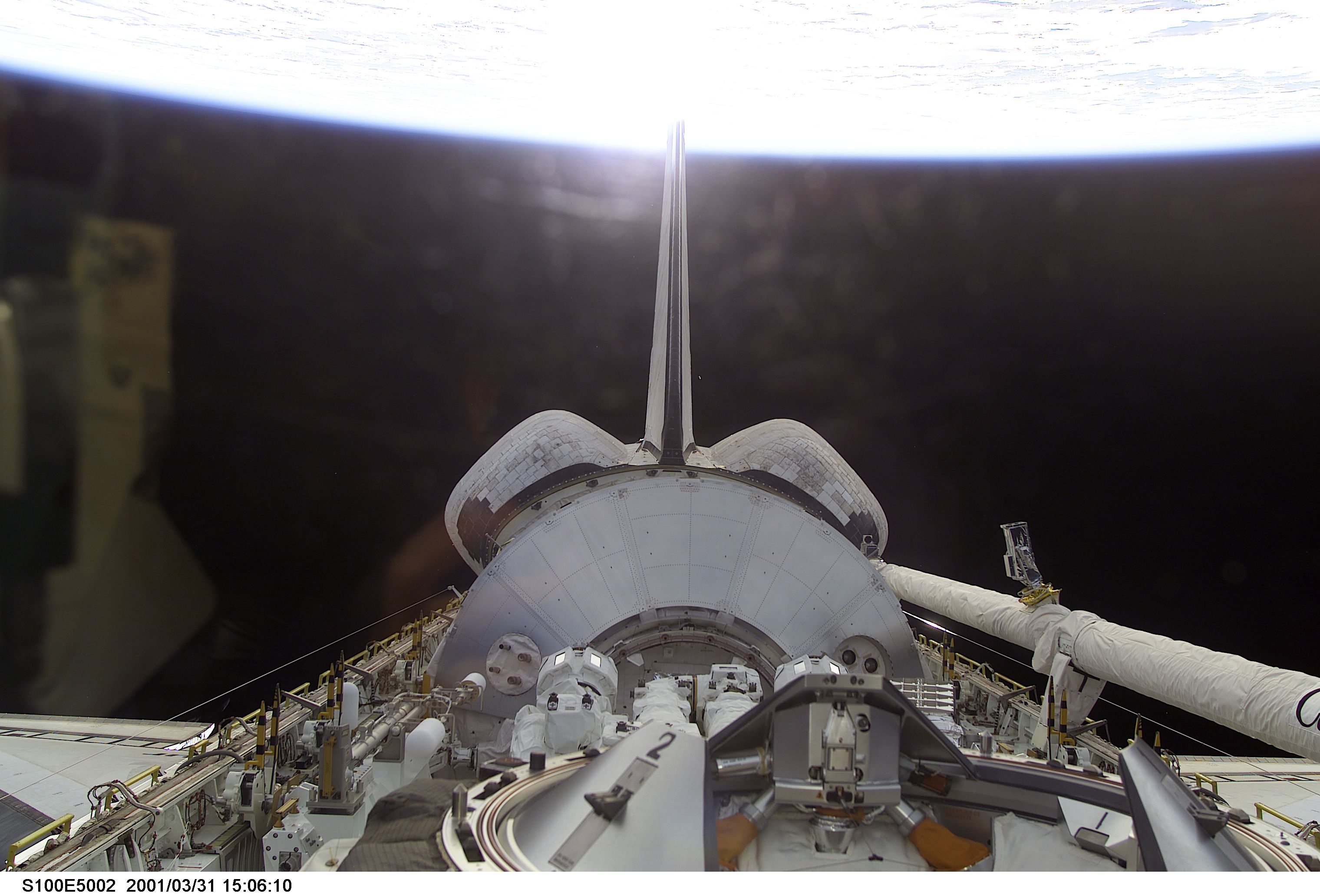 Endeavour's payload bay with the Raphaello module and Canadarm 2