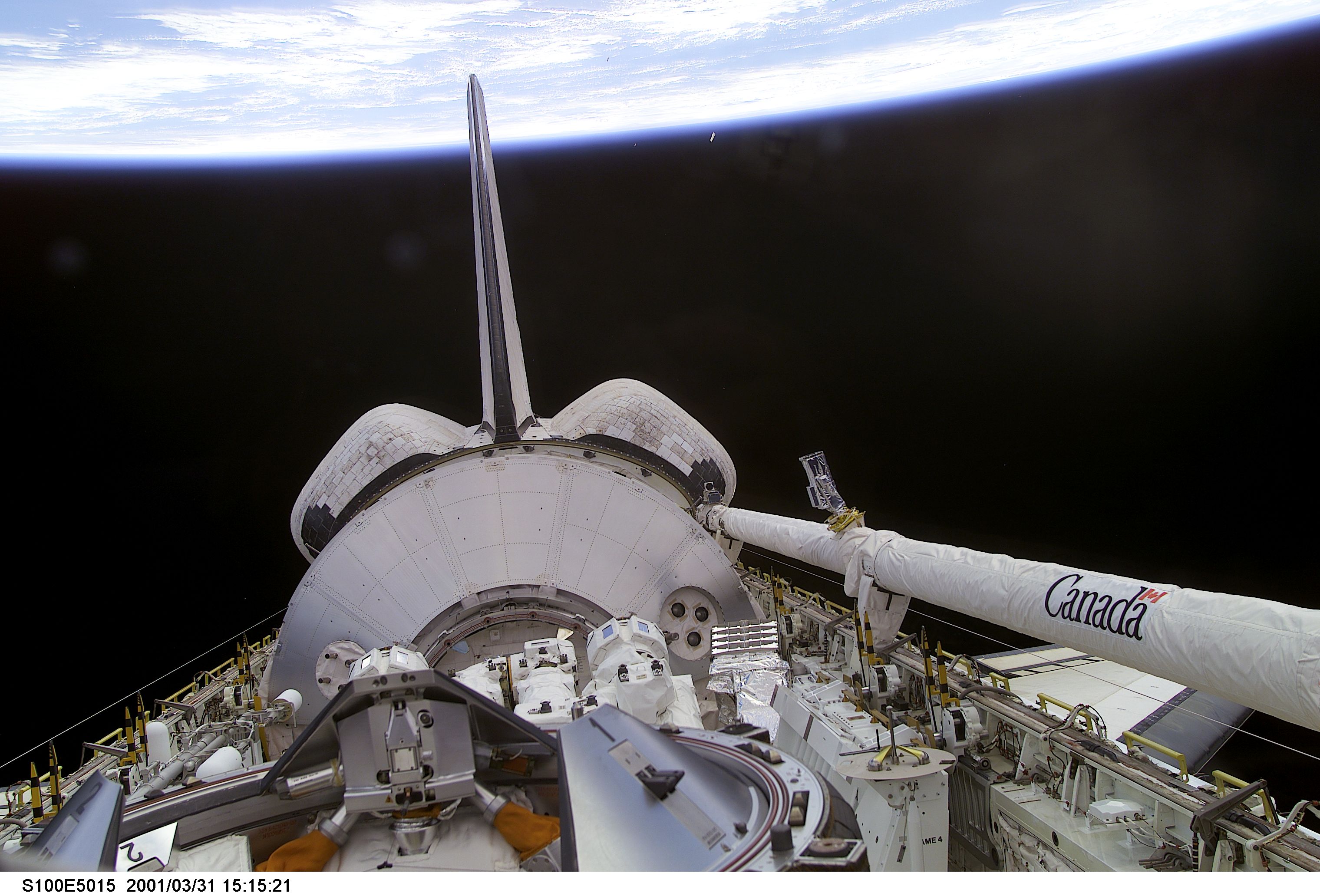Endeavour's payload bay with the Raphaello module and Canadarm 2
