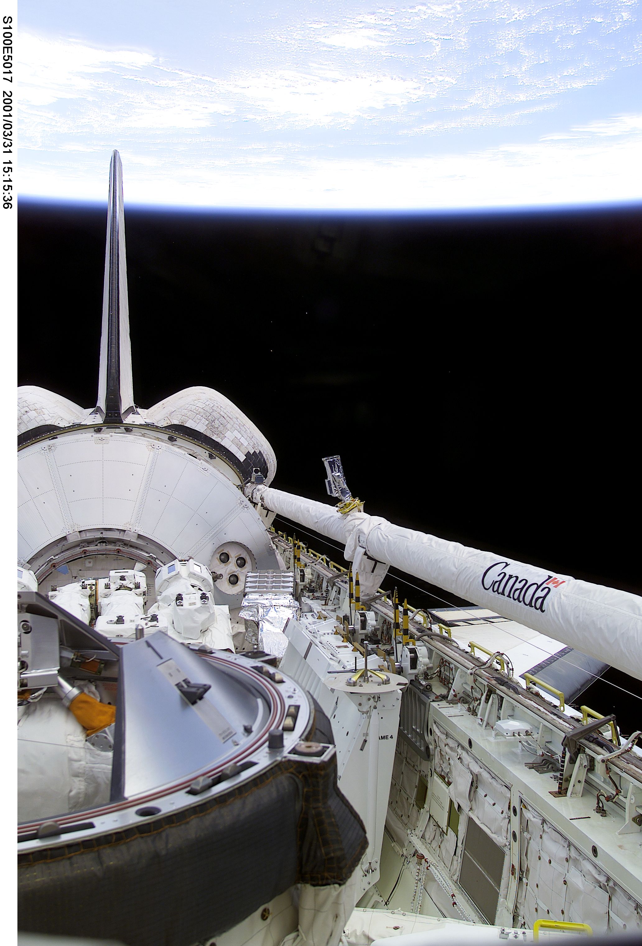 Endeavour's payload bay with the Raphaello module and Canadarm 2